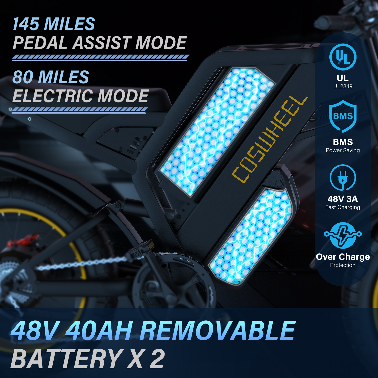 Ein Elektrofahrrad mit Schlüsselfunktionen und -spezifikationen, einschließlich Batteriedetails und Modusbereichen. Das Fahrrad ist schwarz und blau.