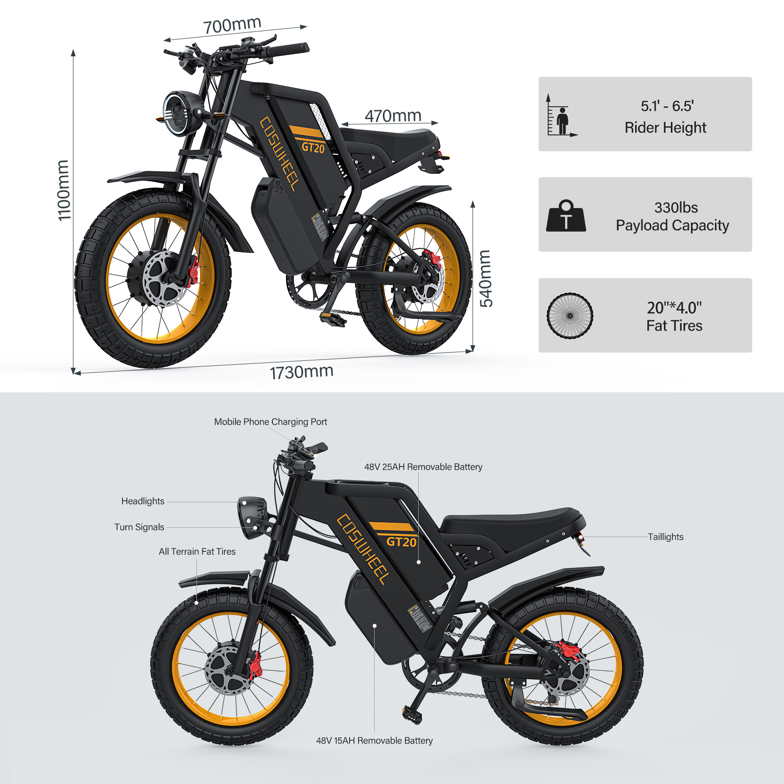 Schwarzes und gelbes Elektrofahrrad mit Maßangaben. Merkmale sind breite Reifen, Scheinwerfer und eine Handy-Ladebuchse.