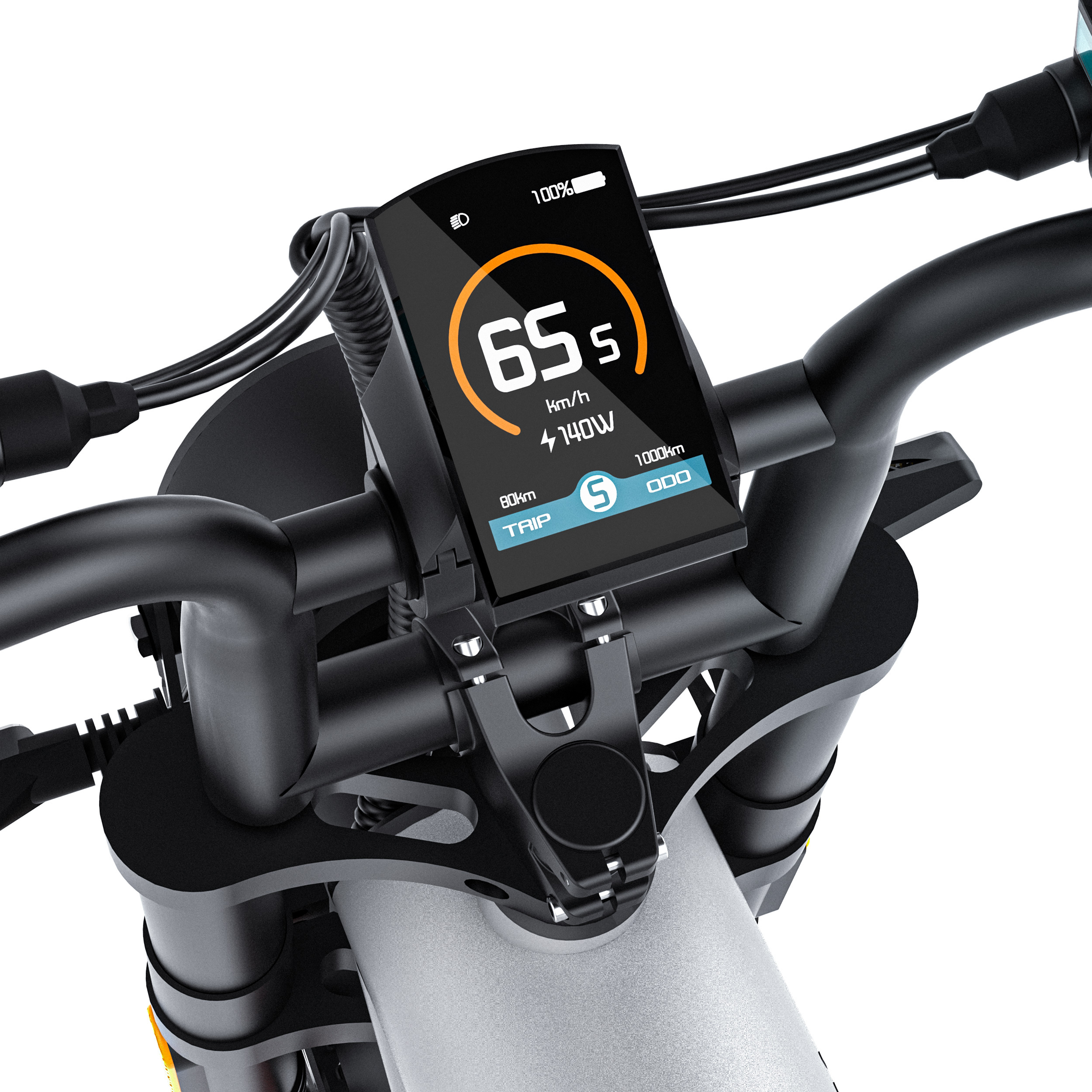 Zbliżenie kierownicy roweru elektrycznego. Ekran wyświetla prędkość i baterię. Widoczne czarne kierownice i kable.