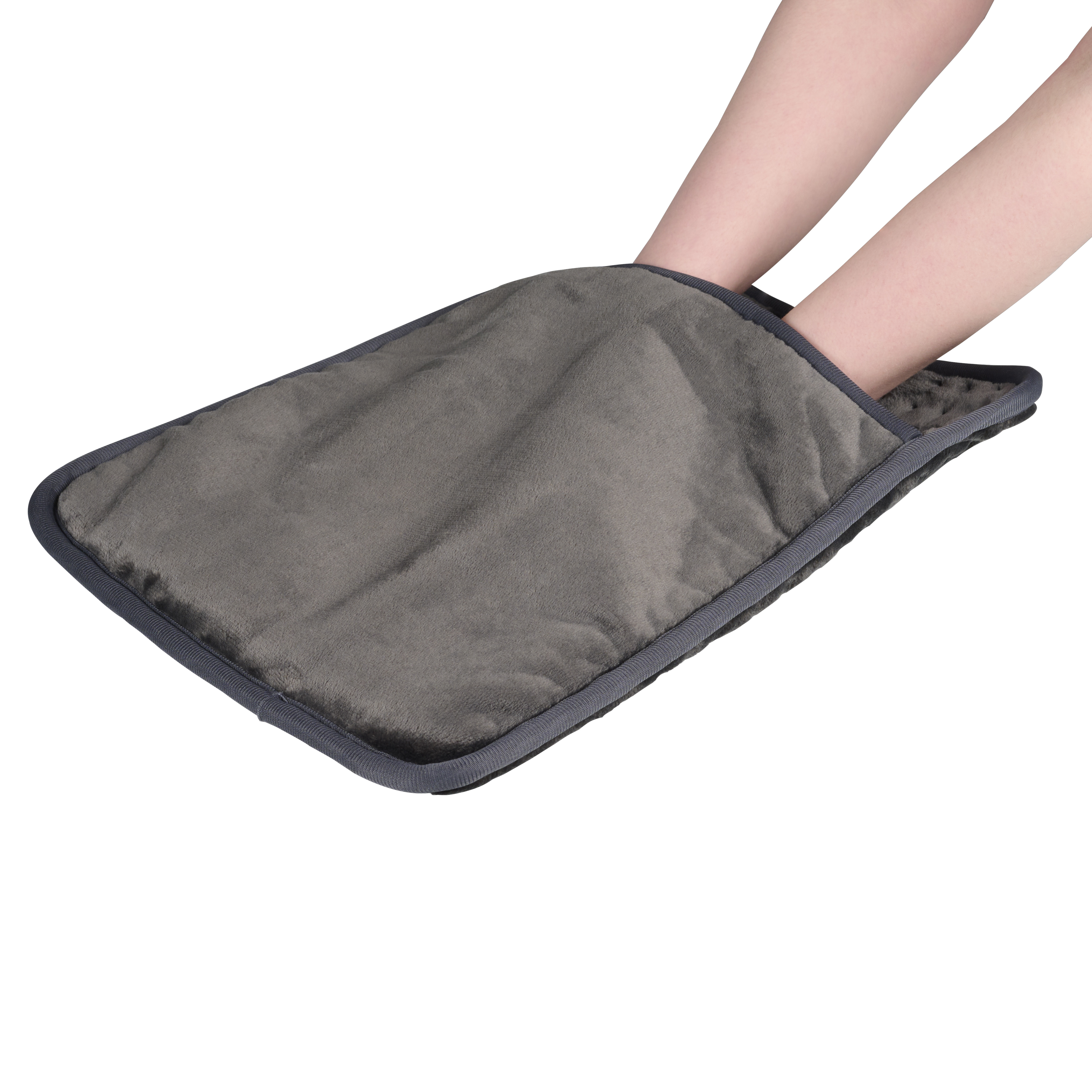 Hands in a gray, plush, rectangular warmer. The warmer has a dark gray border. Background is white.