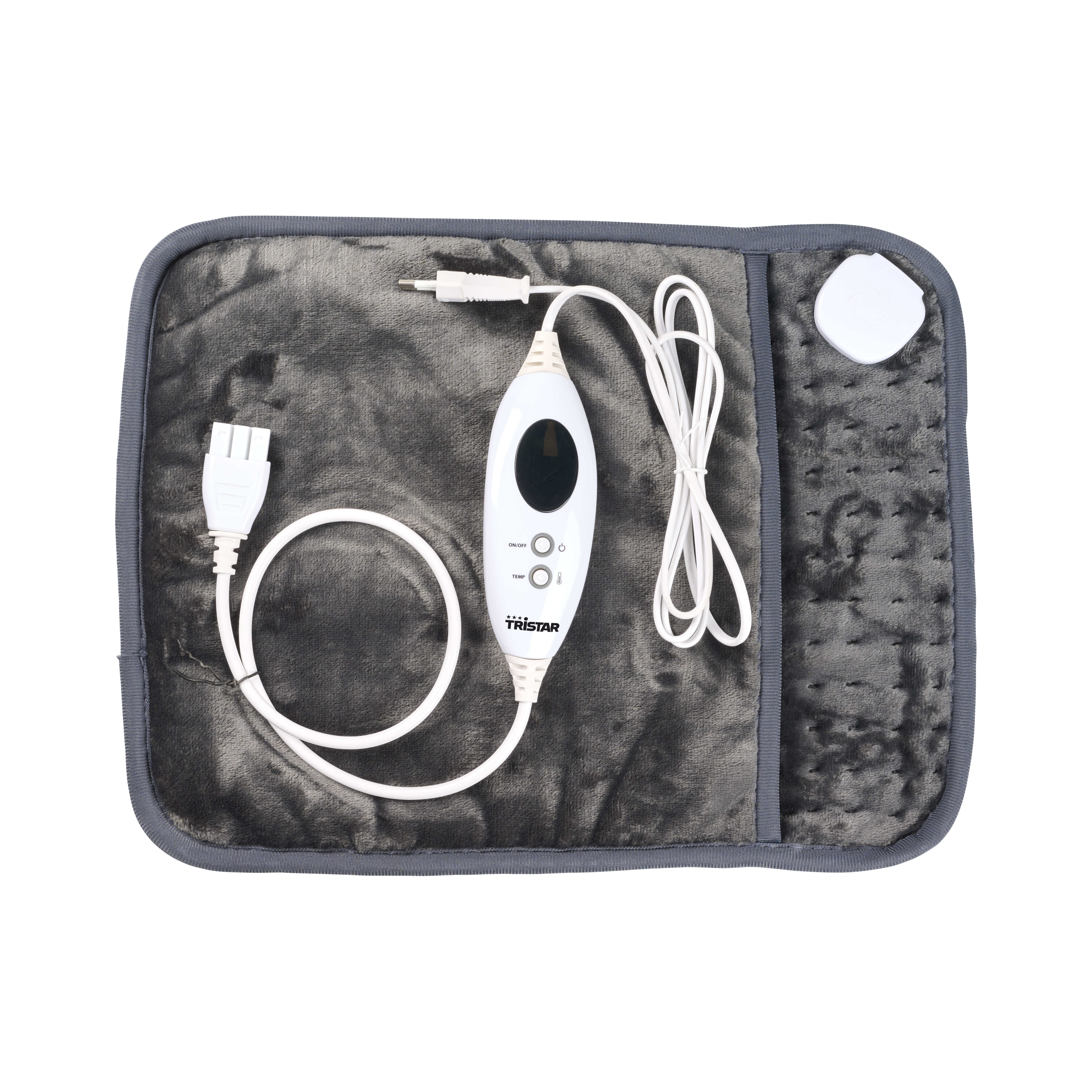 A gray heating pad with white cord and control panel. The Tristar brand is visible.
