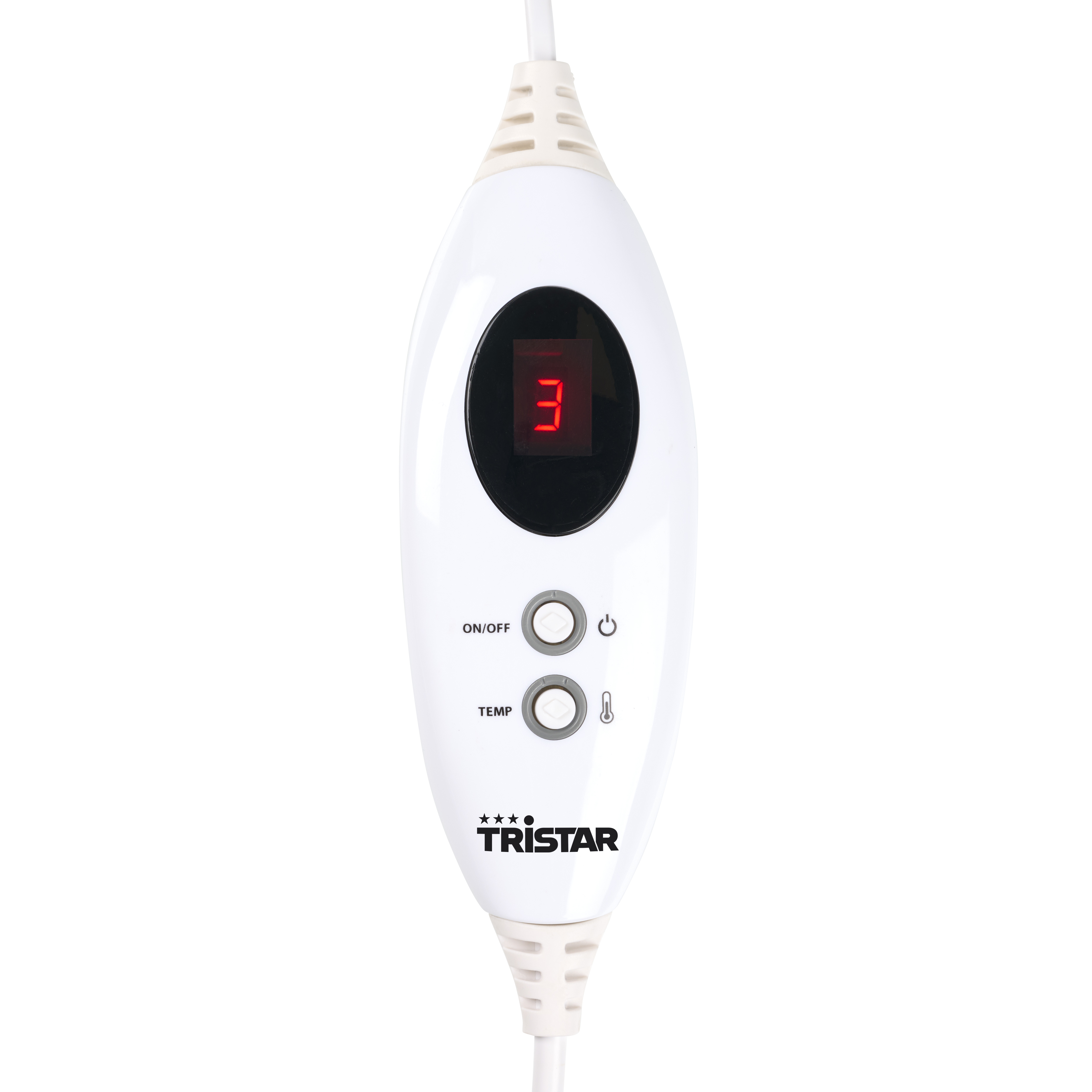 White electric blanket controller with display showing 3. Has on/off and temp buttons. Tristar logo at the bottom.