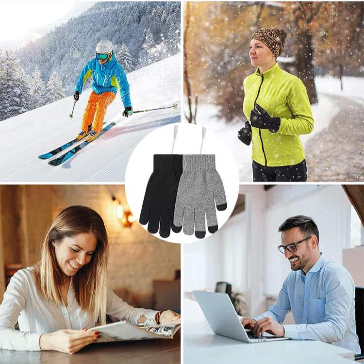 Das Bild zeigt Skifahren, Laufen, Lesen und Arbeiten. Handschuhe sind im Zentrum. Menschen befinden sich in Winter- und Innenräumen.