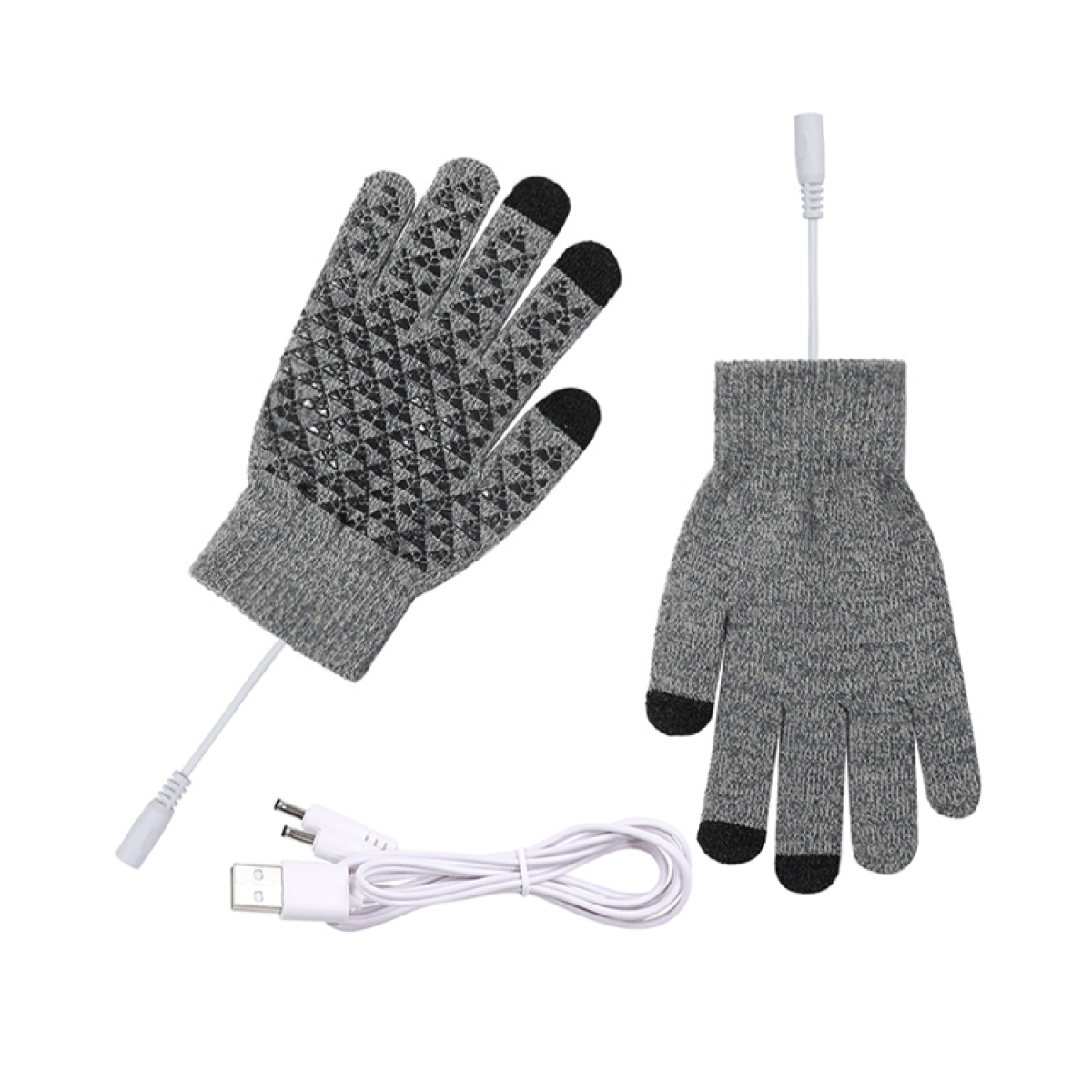 Zwei graue Handschuhe mit schwarzen Fingerspitzen und ein weißes USB-Kabel mit Anschlüssen. Ein Handschuh hat ein gemustertes Design.