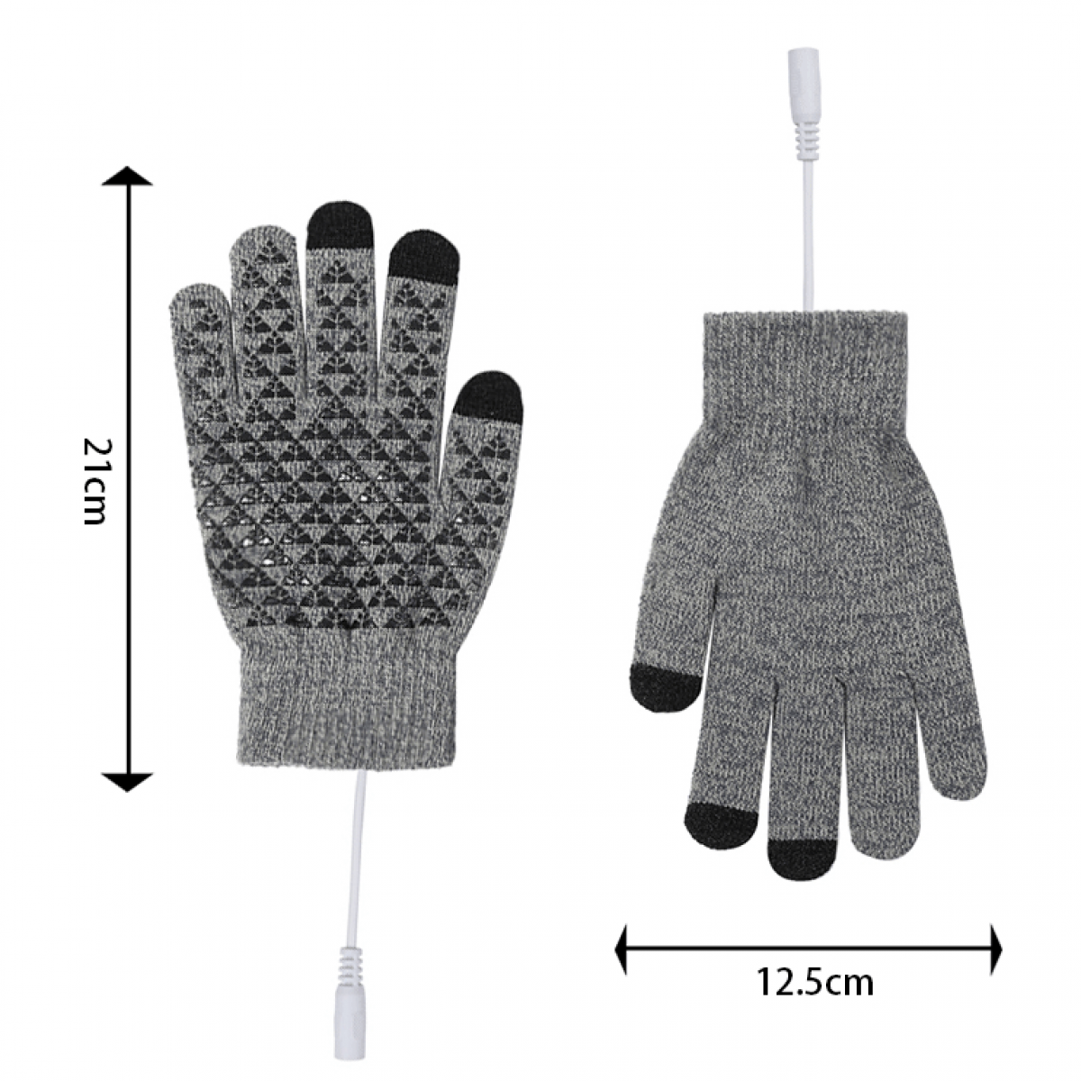 Zwei graue Handschuhe mit schwarzen Fingerspitzen, verbunden mit weißen Kabeln. Maße: 21 cm hoch, 12,5 cm breit.