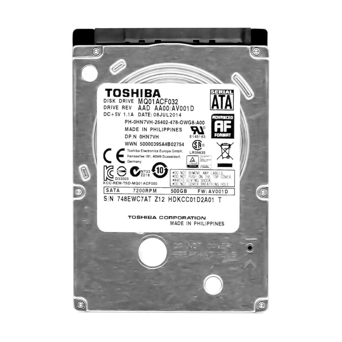 Eine Toshiba-Festplatte mit Etiketten und Text. Hauptmerkmale: Modell MQ01ACF032, 500 GB, 7200 U/min, hergestellt in den Philippinen.