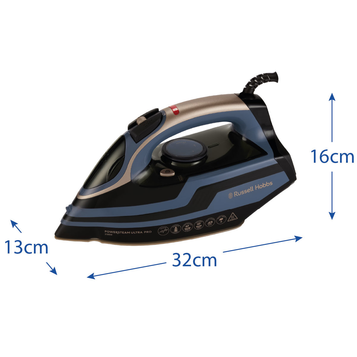 Ein schwarzes und blaues Bügeleisen mit den Maßen 32x13x16 cm. Es hat einen goldenen Griff und ein Russell Hobbs Logo.