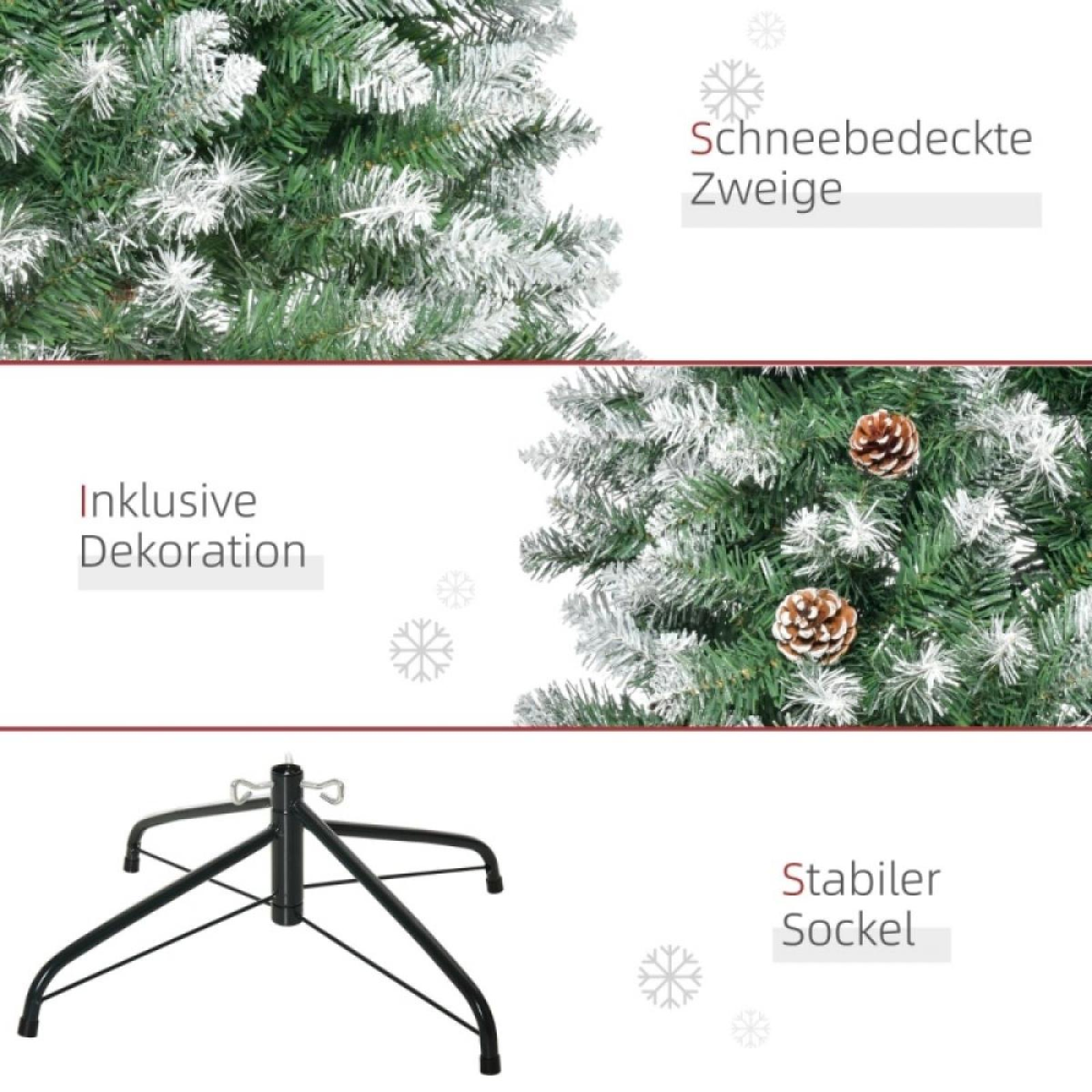 Bild eines Weihnachtsbaums mit schneebedeckten Ästen, Tannenzapfen und einem schwarzen Ständer. Deutsche Textbeschriftungen sind sichtbar.