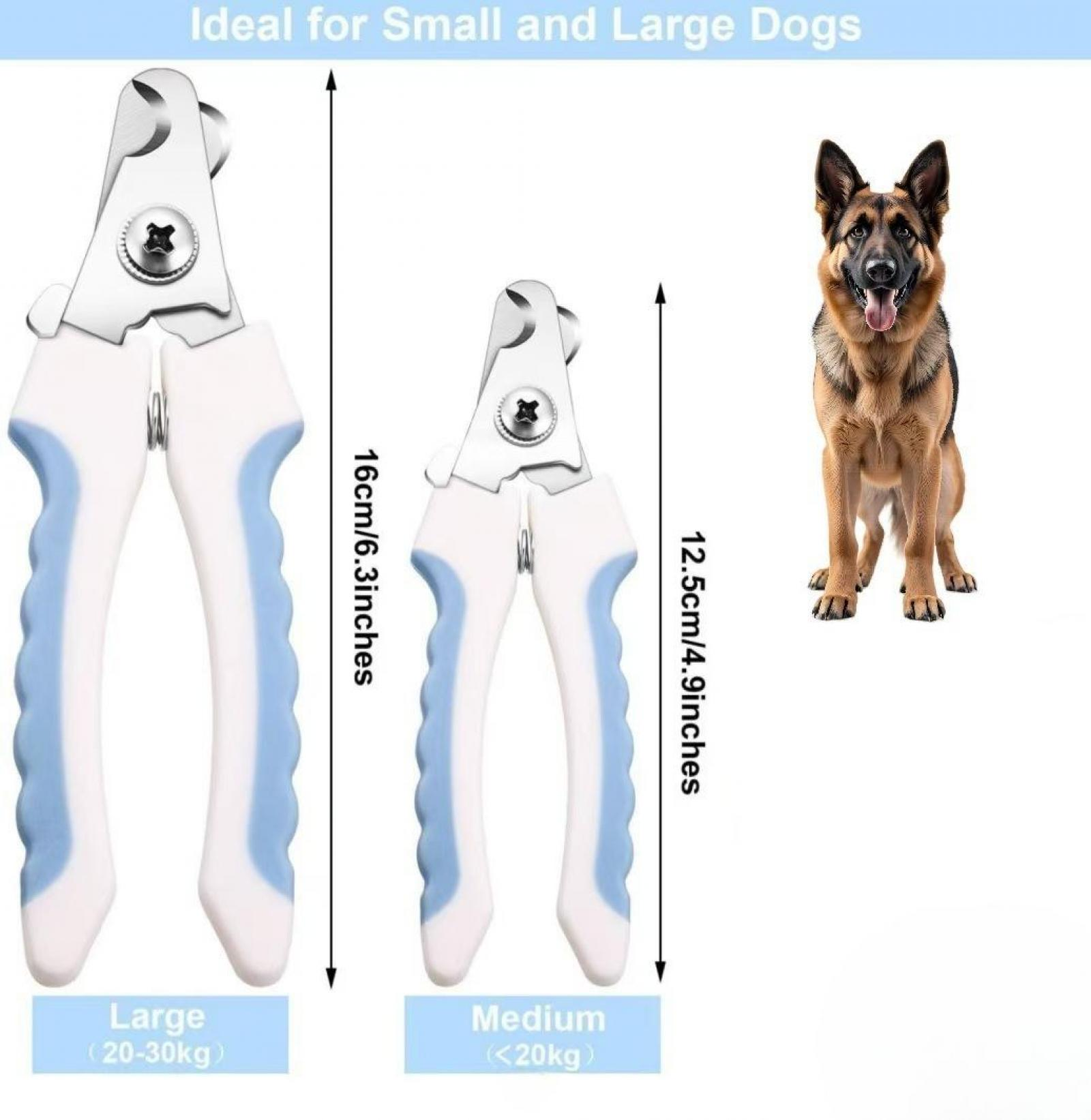 Das Bild zeigt Hunde-Nagelknipser mit einem Deutschen Schäferhund. Der Text lautet Ideal für kleine und große Hunde.