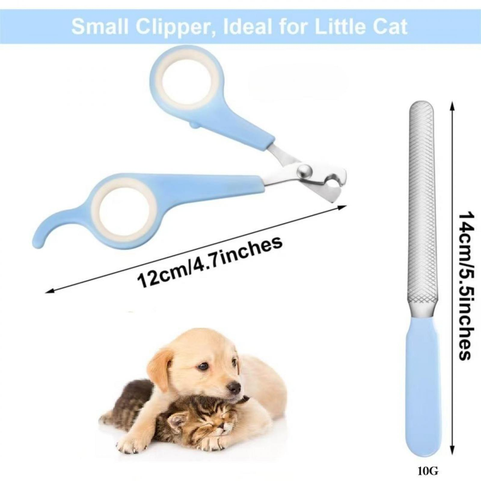 Das Bild zeigt Katzennagelklipper, eine Nagelfeile und einen Welpen, der eine Katze umarmt. Die Abmessungen der Clipper und der Feile sind angegeben.