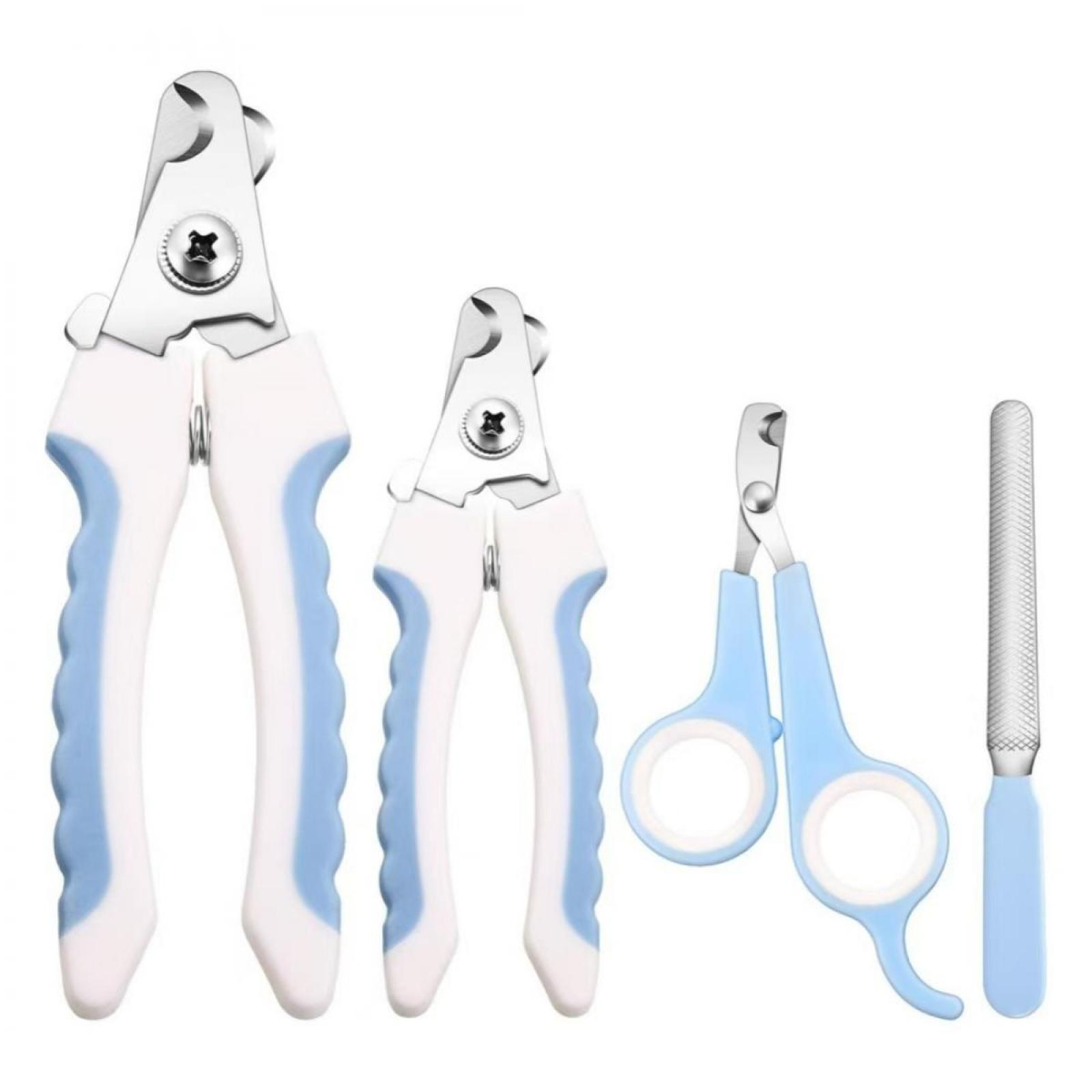 Set aus Krallenscheren und Nagelfeile für Haustiere. Scheren sind blau und weiß. Feile ist silber und blau.
