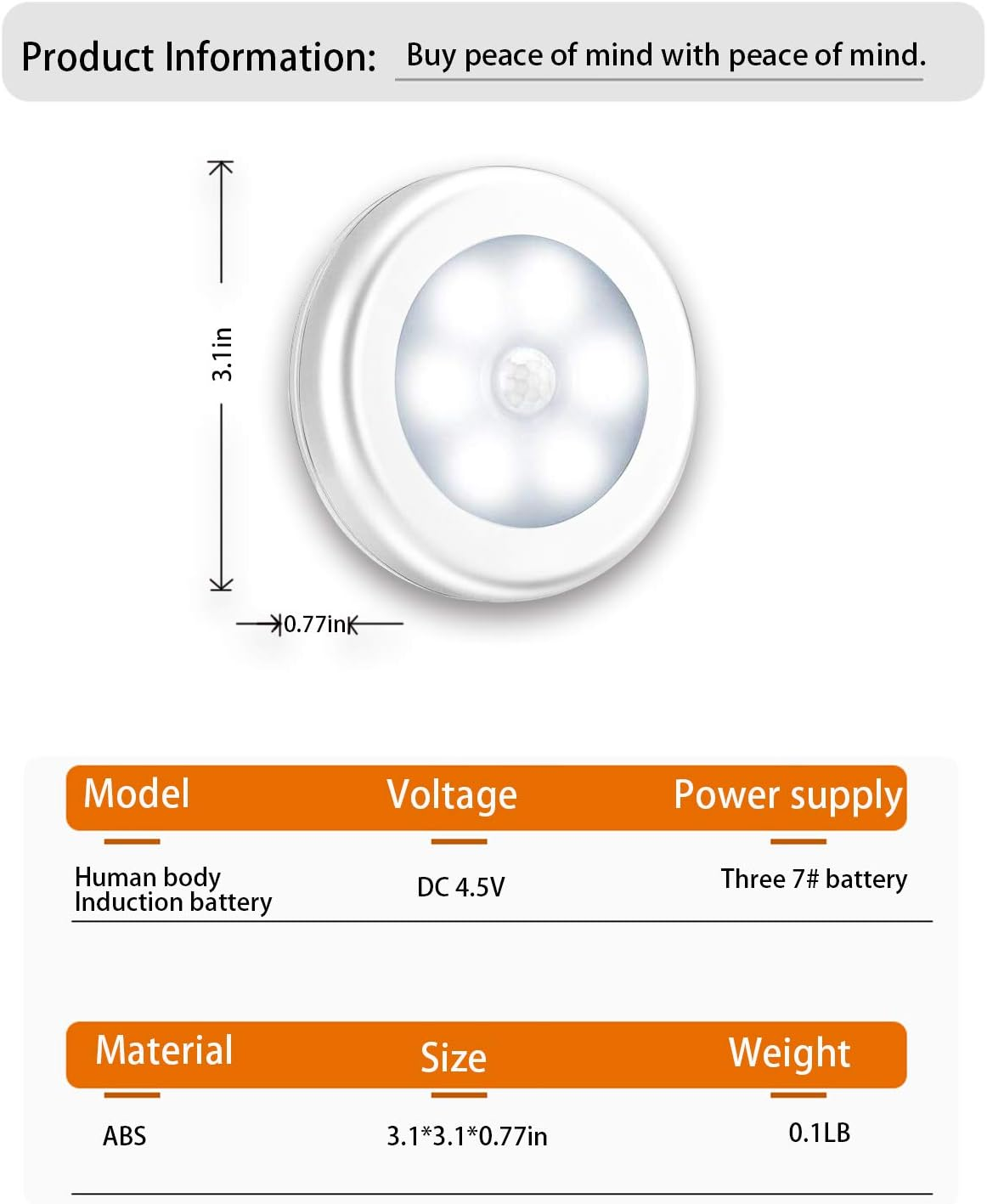 Ein weißes, kreisförmiges LED-Licht mit Abmessungen und Produktspezifikationen, einschließlich Material, Größe und Gewicht.