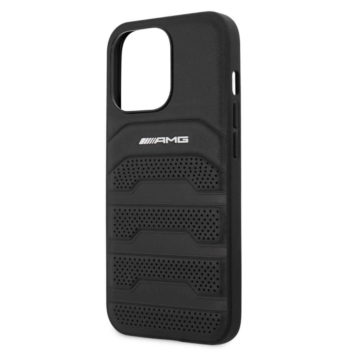 Schwarze Handyhülle mit AMG-Logo. Sie hat ein strukturiertes Design mit Perforationen und einem Ausschnitt für Kamera und Knöpfe.
