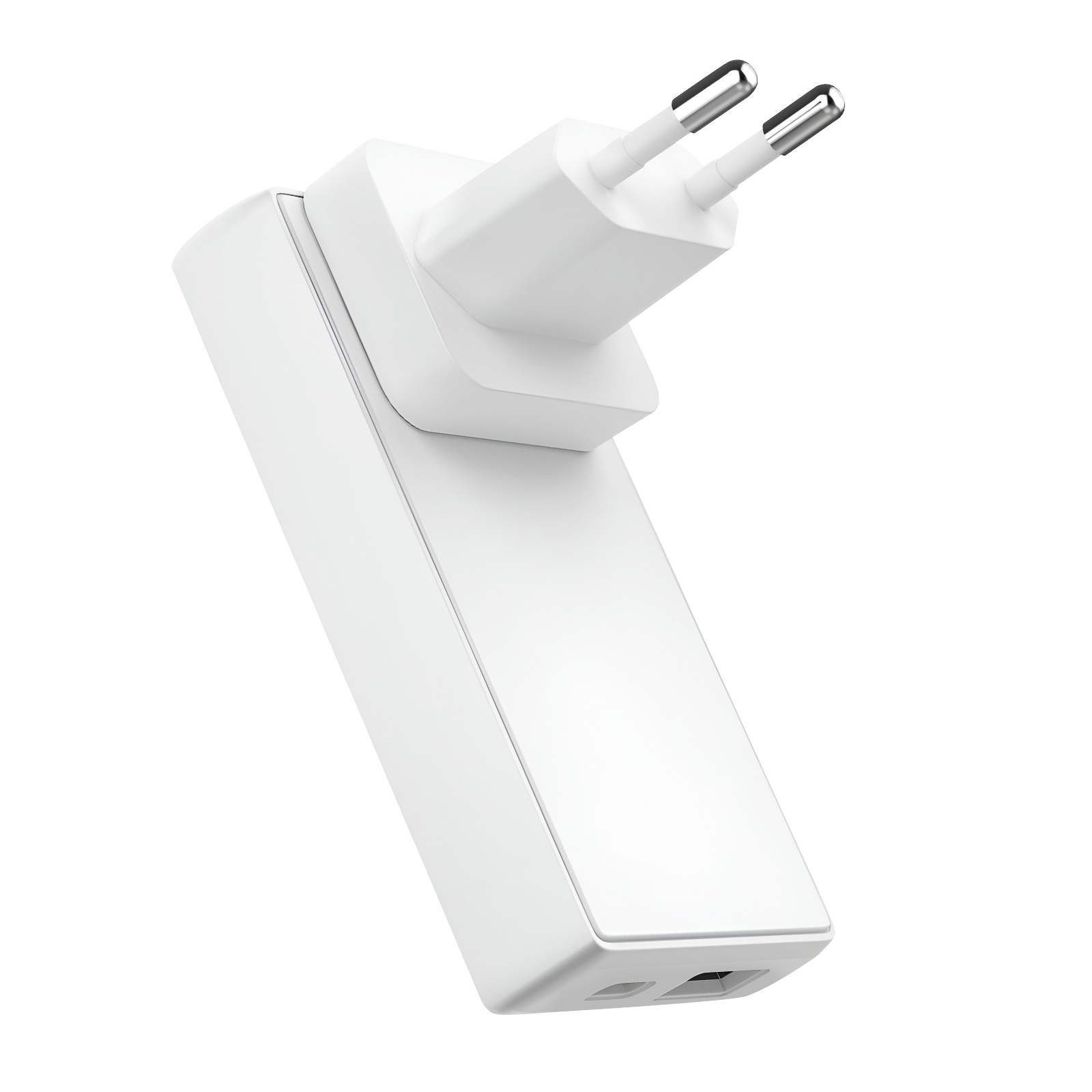 Un adattatore di corrente bianco con due spine argentate su sfondo bianco. Ha un corpo rettangolare e una porta USB.
