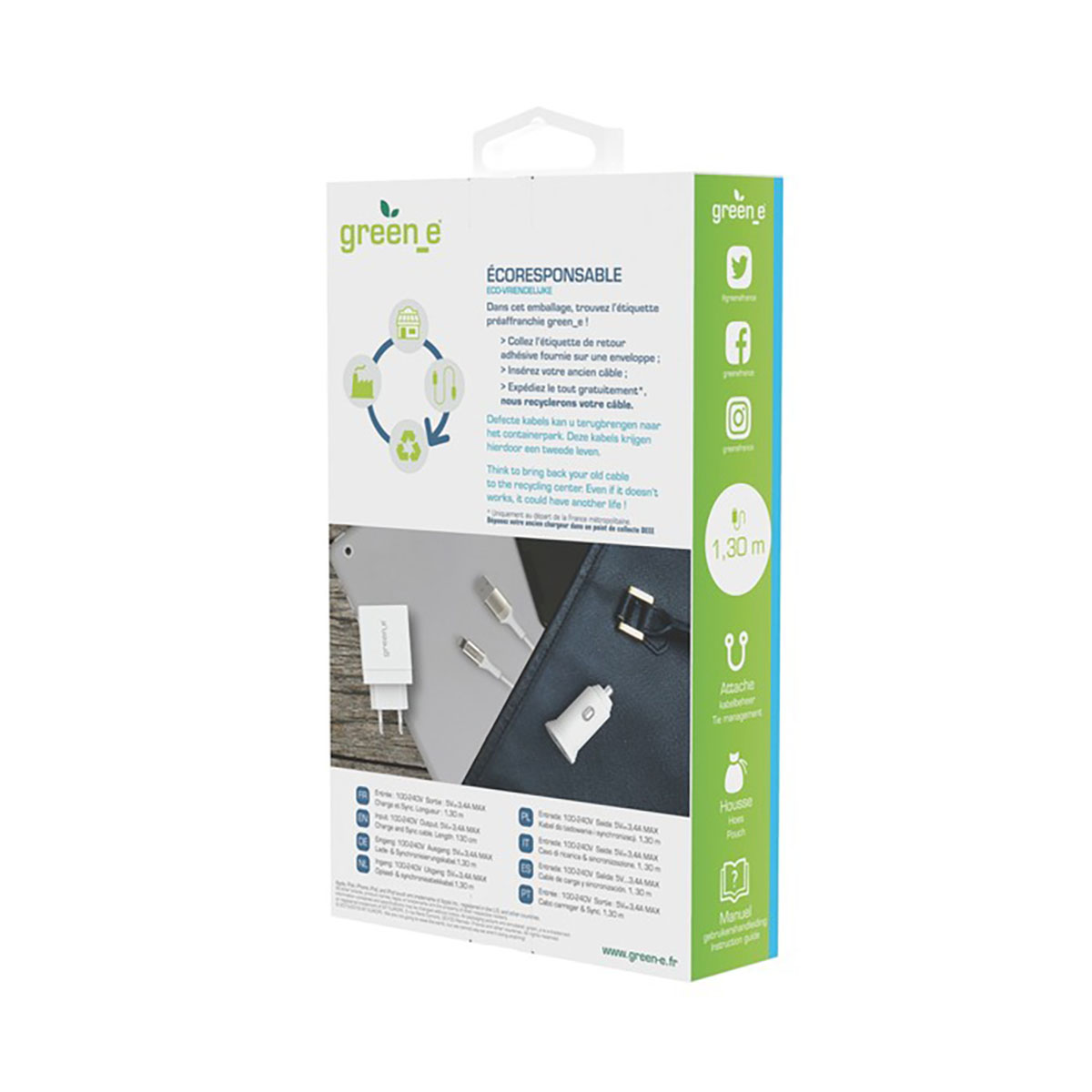 Eine Green-e-Produktbox. Sie zeigt ein Ladegerät und Kabel. Auf der Box sind Anweisungen und Recycling-Informationen abgebildet.