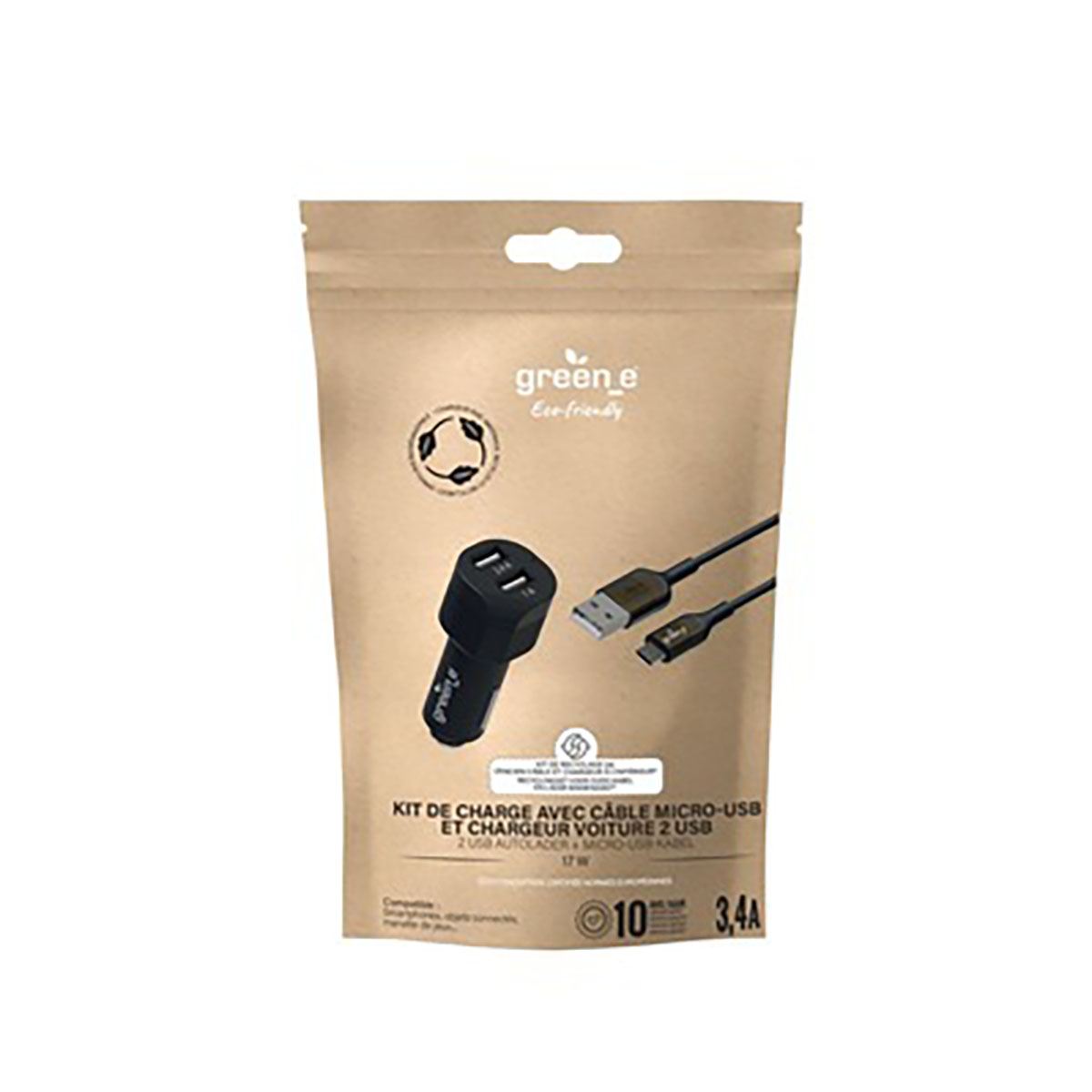 Un pacchetto di prodotti con caricabatteria per auto e cavo USB. La confezione è marrone con testo e loghi. È visibile un caricabatterie nero.