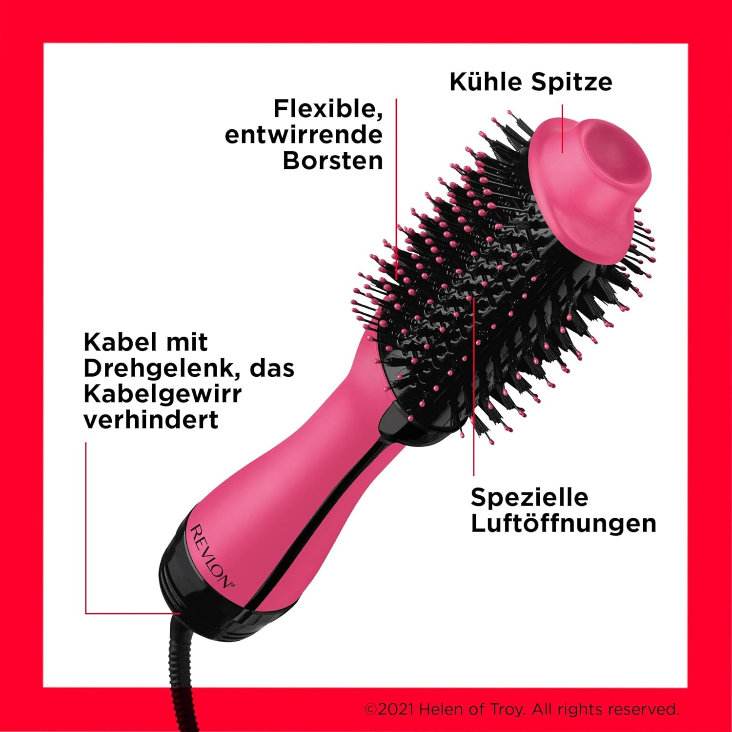 Pinker und schwarzer Revlon-Haartrockner mit flexiblen Borsten, kühler Spitze und speziellen Luftauslässen. Verfügt über ein drehbares Kabel.