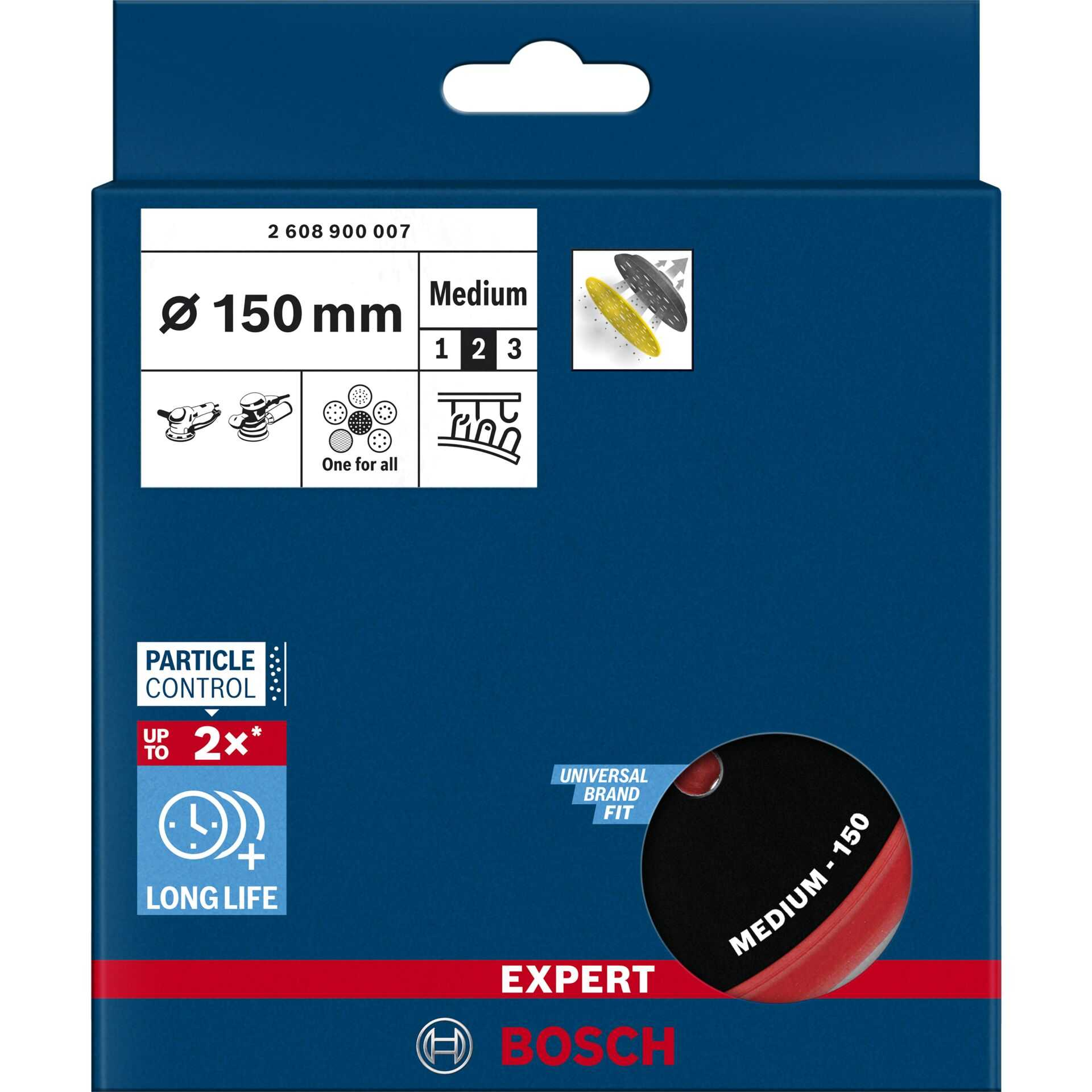 Una scatola blu con marchio Bosch. Contiene un disco con l'etichetta 'Medium - 150' e varie icone e testo.