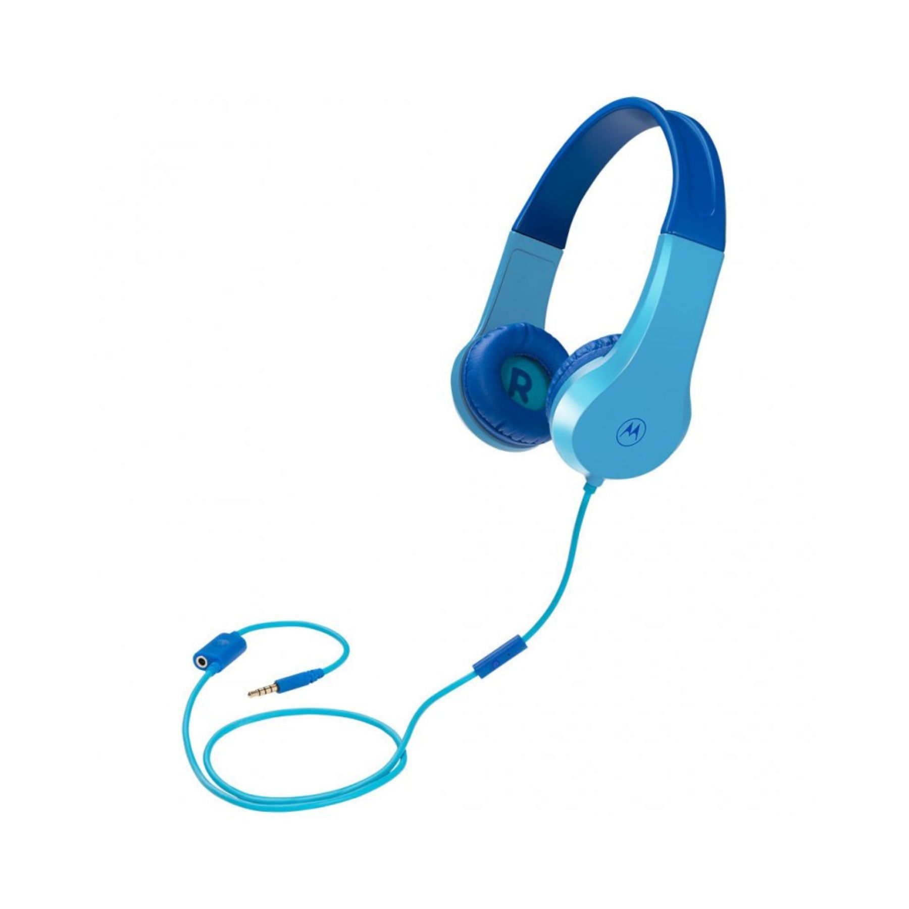 Niebieskie i jasnoniebieskie słuchawki Motorola z kablem i wtyczką jack na białym tle.