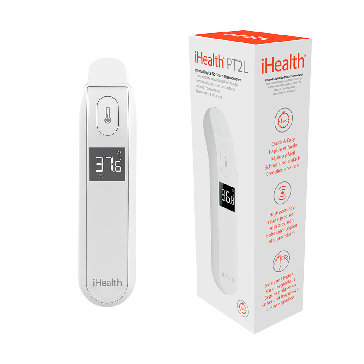Ein weißes iHealth PT2L Infrarot-Thermometer zeigt 37,6 Grad an. Die daneben befindliche Schachtel enthält Produktdetails.