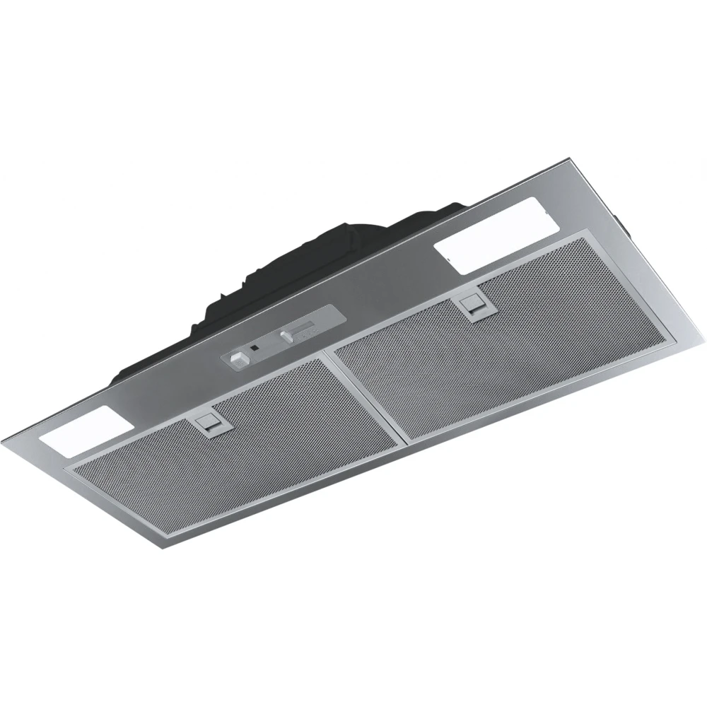 Una campana extractora de acero inoxidable con dos luces y un filtro. Tiene una parte superior negra y está sobre un fondo blanco.
