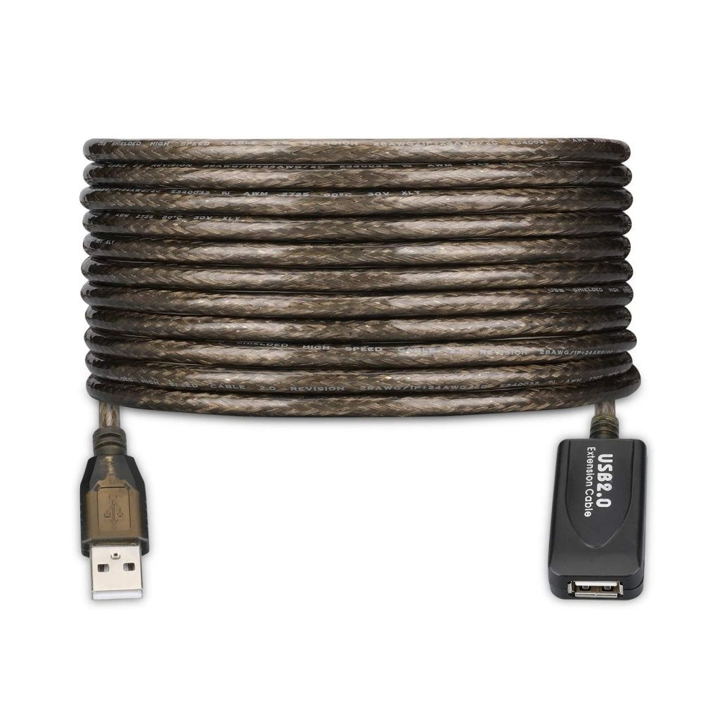 Un cavo di prolunga USB 2.0 arrotolato, connettori neri, cavo trasparente, con testo che indica 'USB 2.0 Extension Cable'.