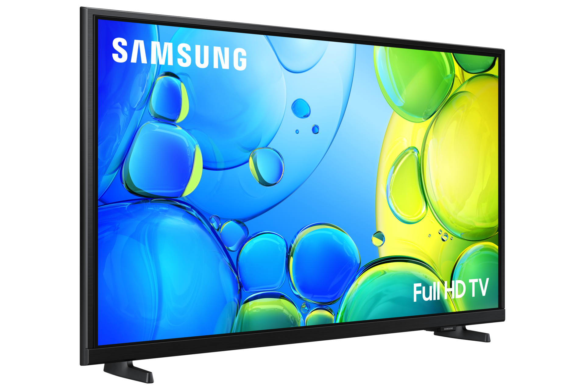 Un televisore Samsung Full HD mostra un'immagine astratta vibrante di bolle blu, verdi e gialle. È su sfondo bianco.
