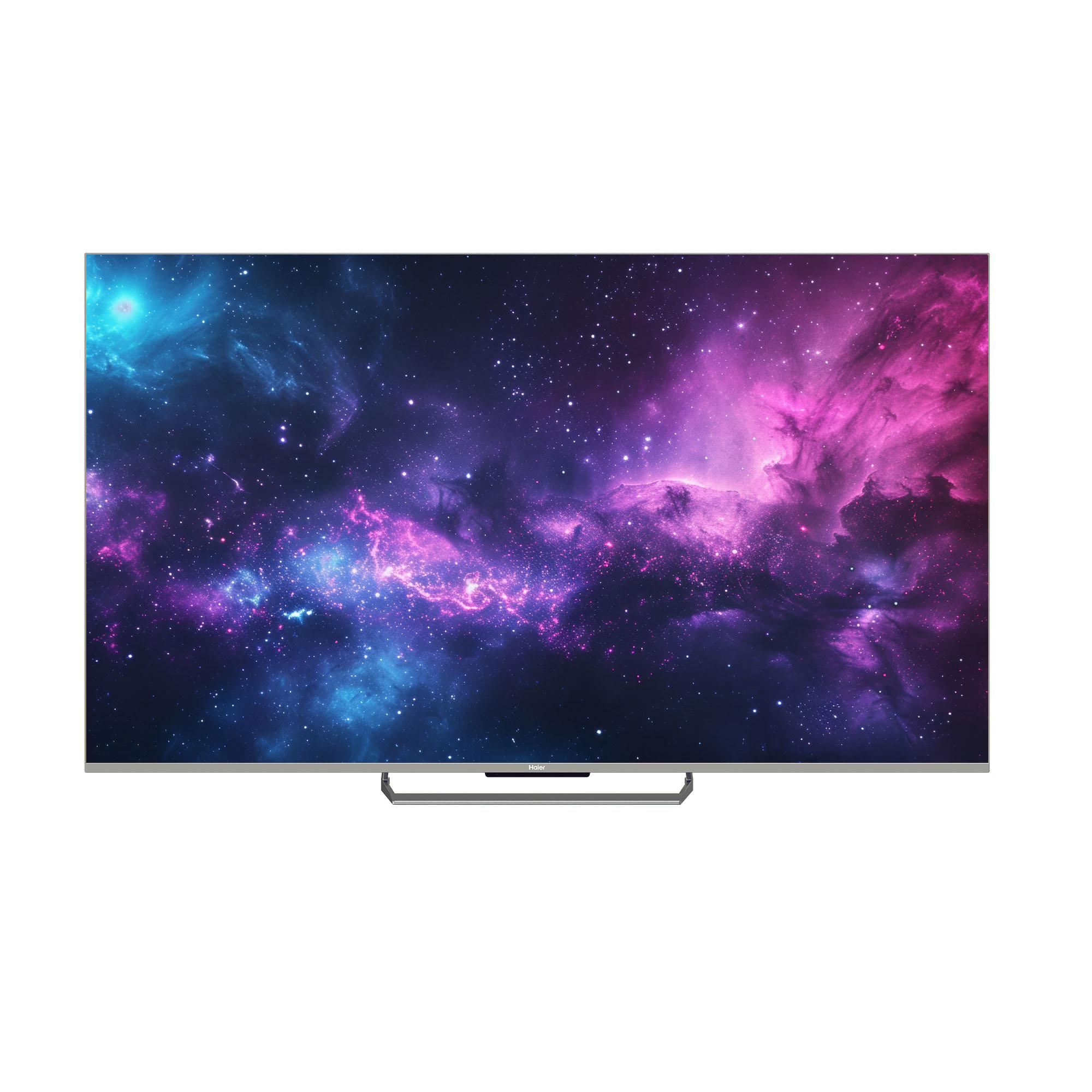 Un téléviseur à écran plat affiche une scène de nébuleuse colorée. Le téléviseur est encadré en argent avec un support. Le fond est blanc.