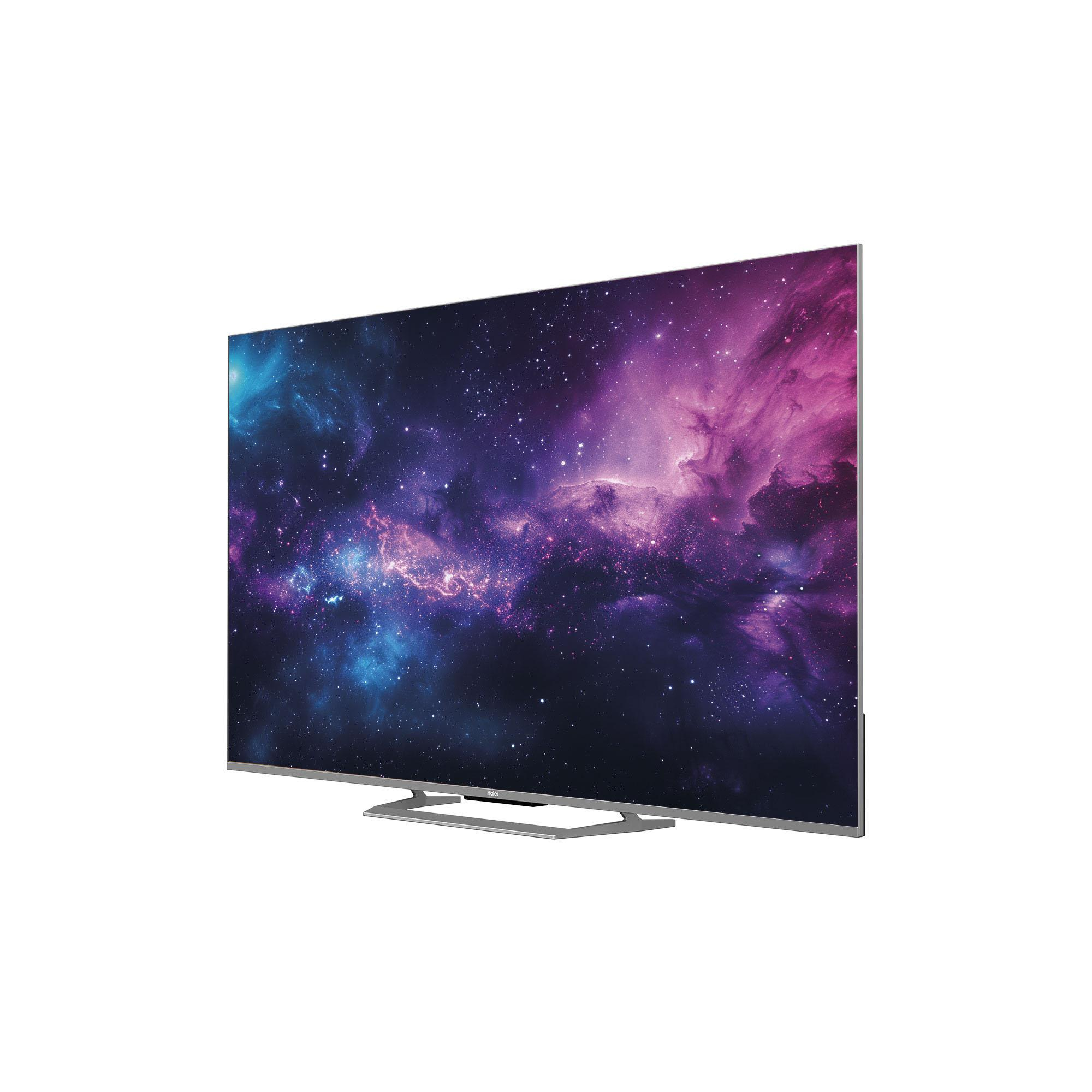 Un grand téléviseur affiche une scène de nébuleuse colorée. La télé est sur fond blanc, inclinée vers la droite.
