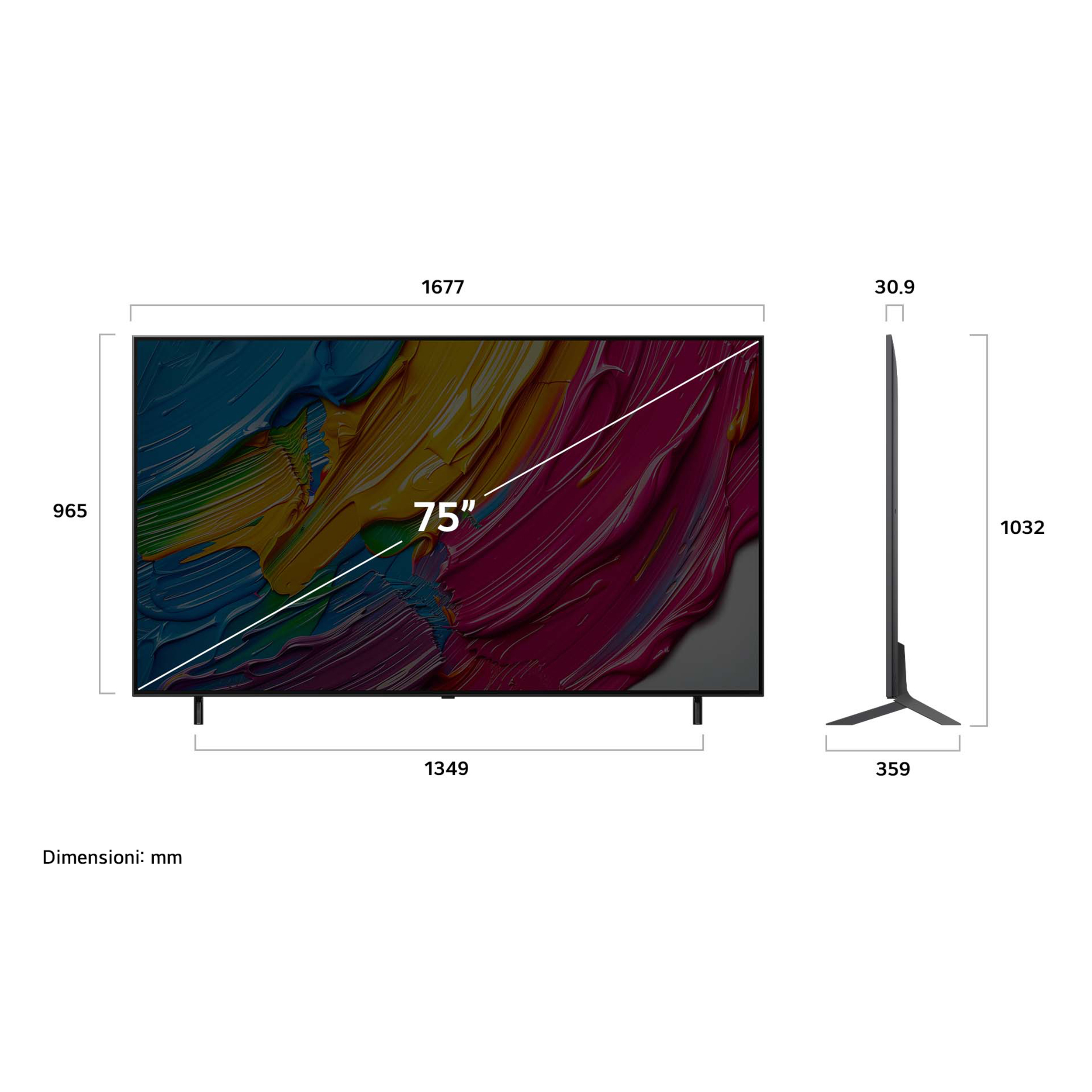 Un televisore da 75 pollici con dimensioni. Lo schermo presenta opere d'arte colorate. Una vista laterale mostra lo spessore e il supporto del televisore.