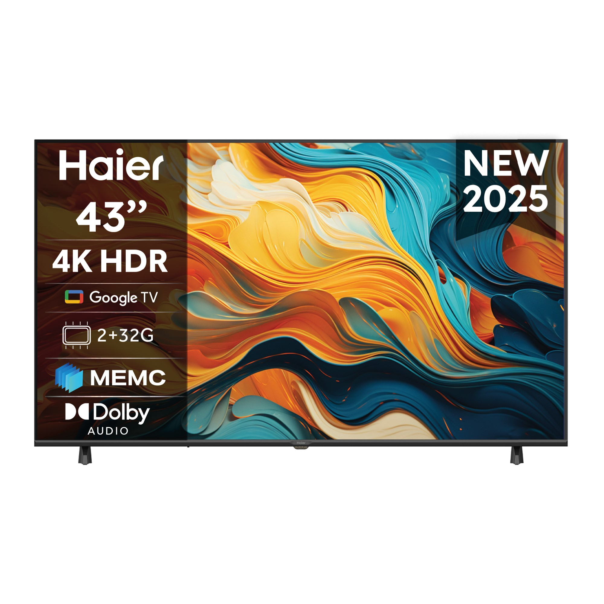 Telewizor Haier 43" 4K HDR. Posiada Google TV, 2+32G, MEMC i Dolby Audio. Ma kolorowe abstrakcyjne tło i napis NOWY 2025.