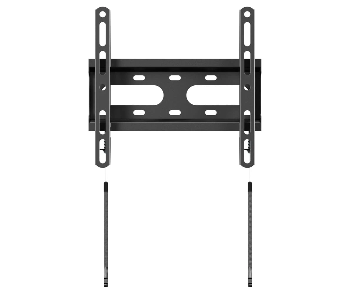 Soporte de pared para TV de metal negro. Dos soportes verticales con agujeros y dos correas colgantes. Sección horizontal con múltiples agujeros.