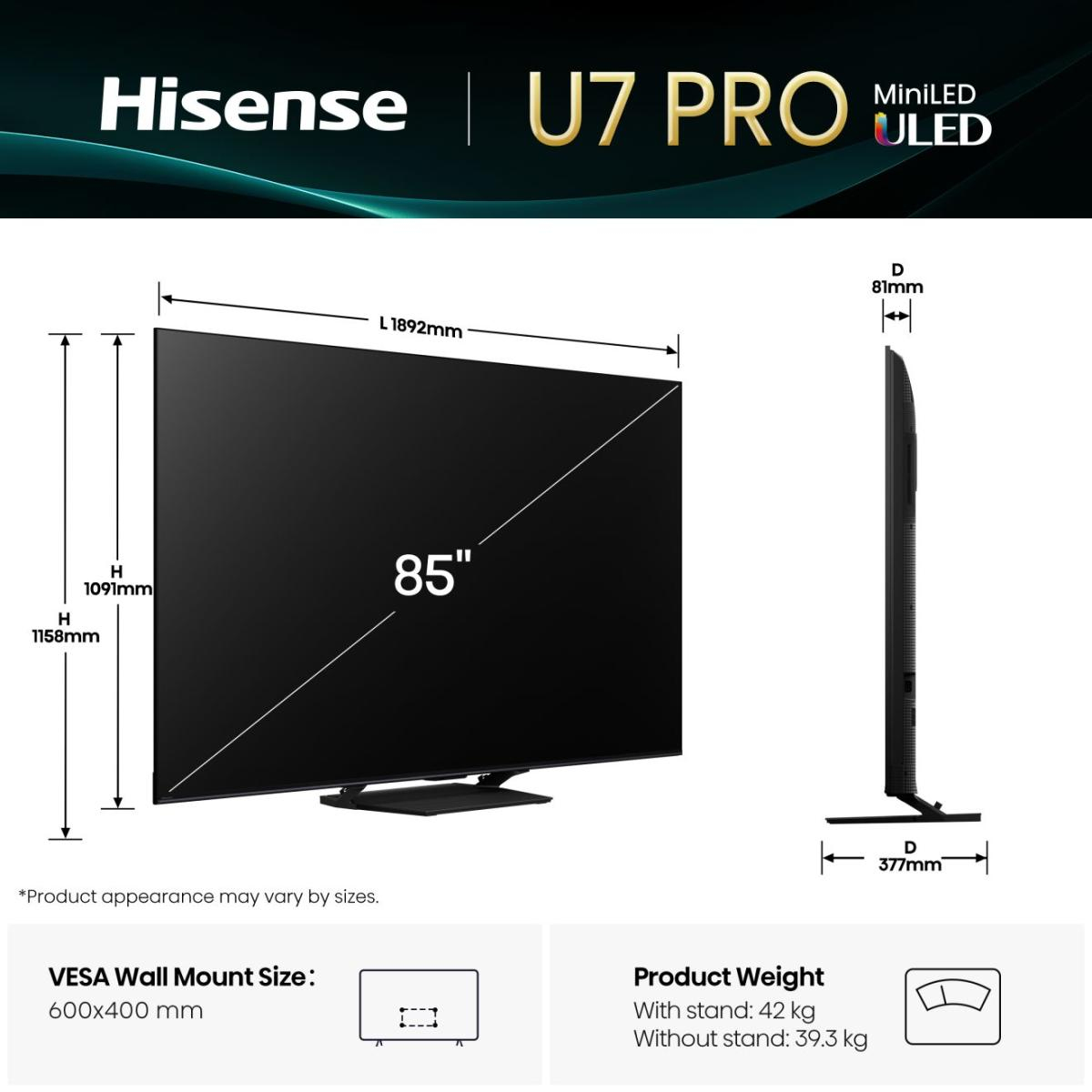 85-calowy telewizor Hisense U7 PRO MiniLED. Wymiary pokazane z pomiarami w milimetrach. Wyświetlono również wagę produktu i szczegóły uchwytu ściennego VESA.
