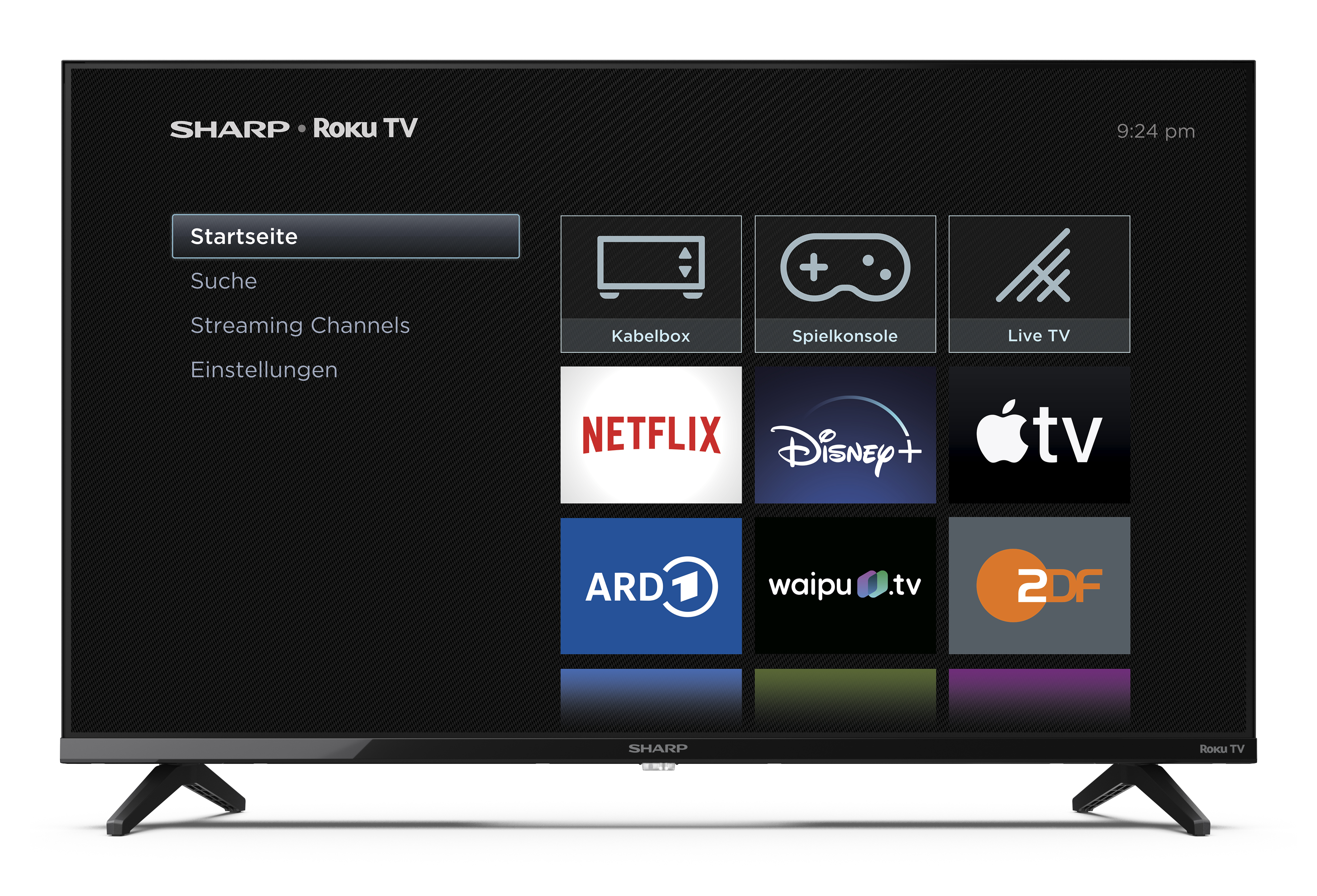 Ein Sharp Roku TV zeigt ein Menü mit App-Symbolen und Optionen wie Netflix und Disney+. Die Uhrzeit ist 21:24 Uhr.