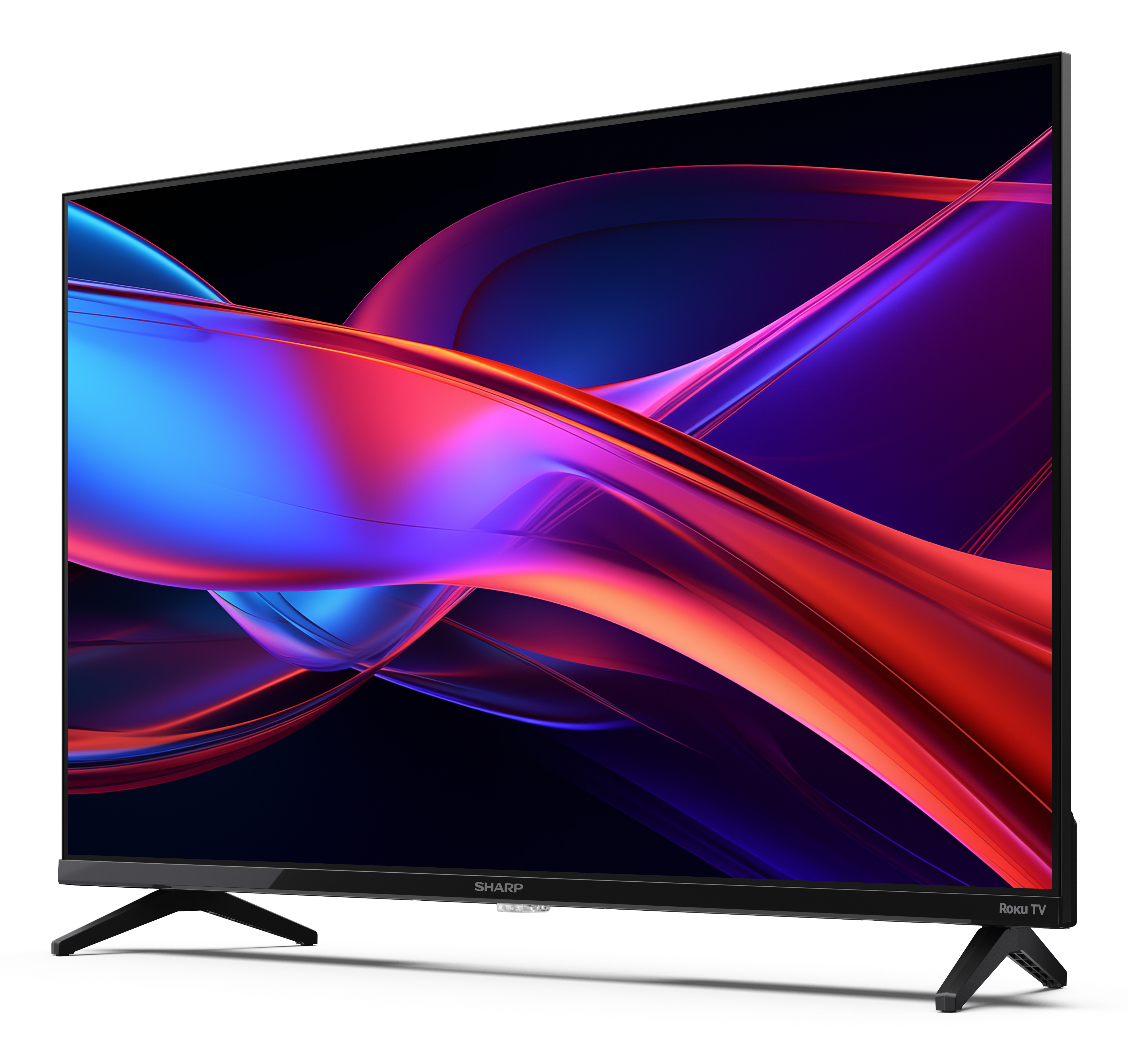 Ein Sharp Roku TV zeigt ein farbenfrohes, abstraktes Bild. Der Fernseher hat schwarze Beine und einen schwarzen Rahmen. Der Hintergrund ist weiß.