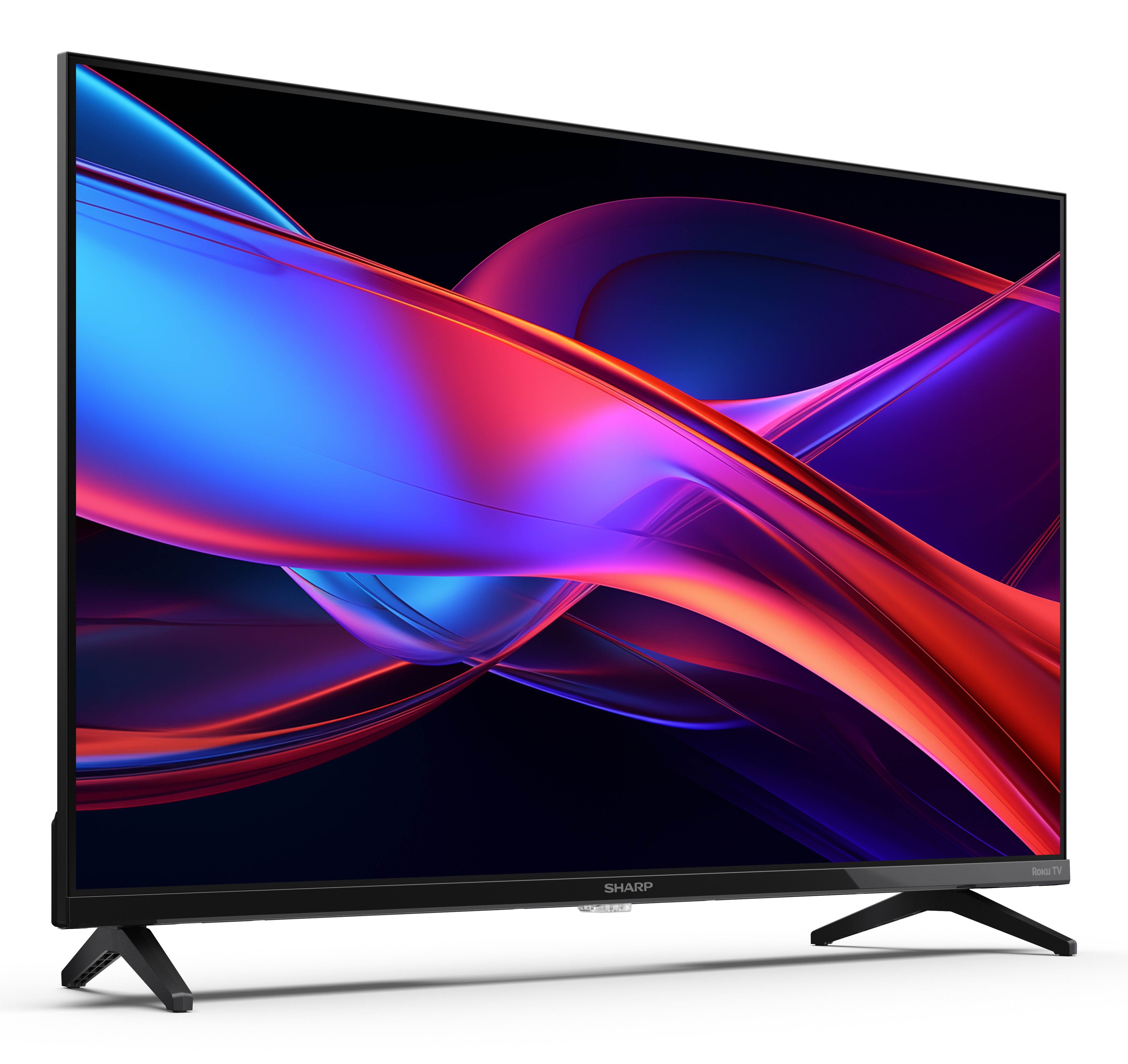 Ein schwarzer Sharp Roku-Fernseher zeigt ein farbenfrohes abstraktes Bild auf weißem Hintergrund. Der Fernseher hat schwarze Beine.