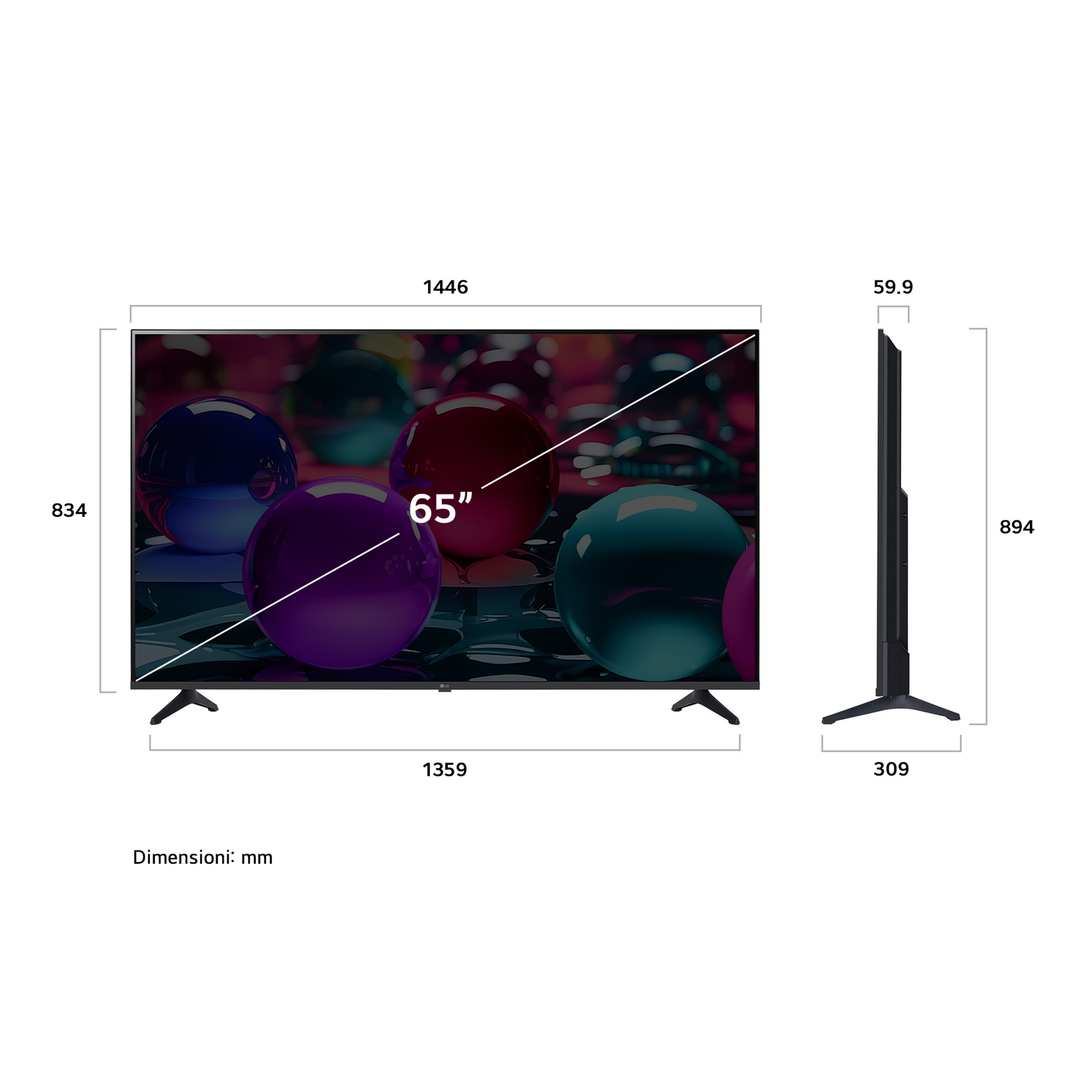 Un téléviseur de 65 pouces avec dimensions. L'écran affiche des sphères colorées. Le téléviseur a des pieds et un cadre noirs.