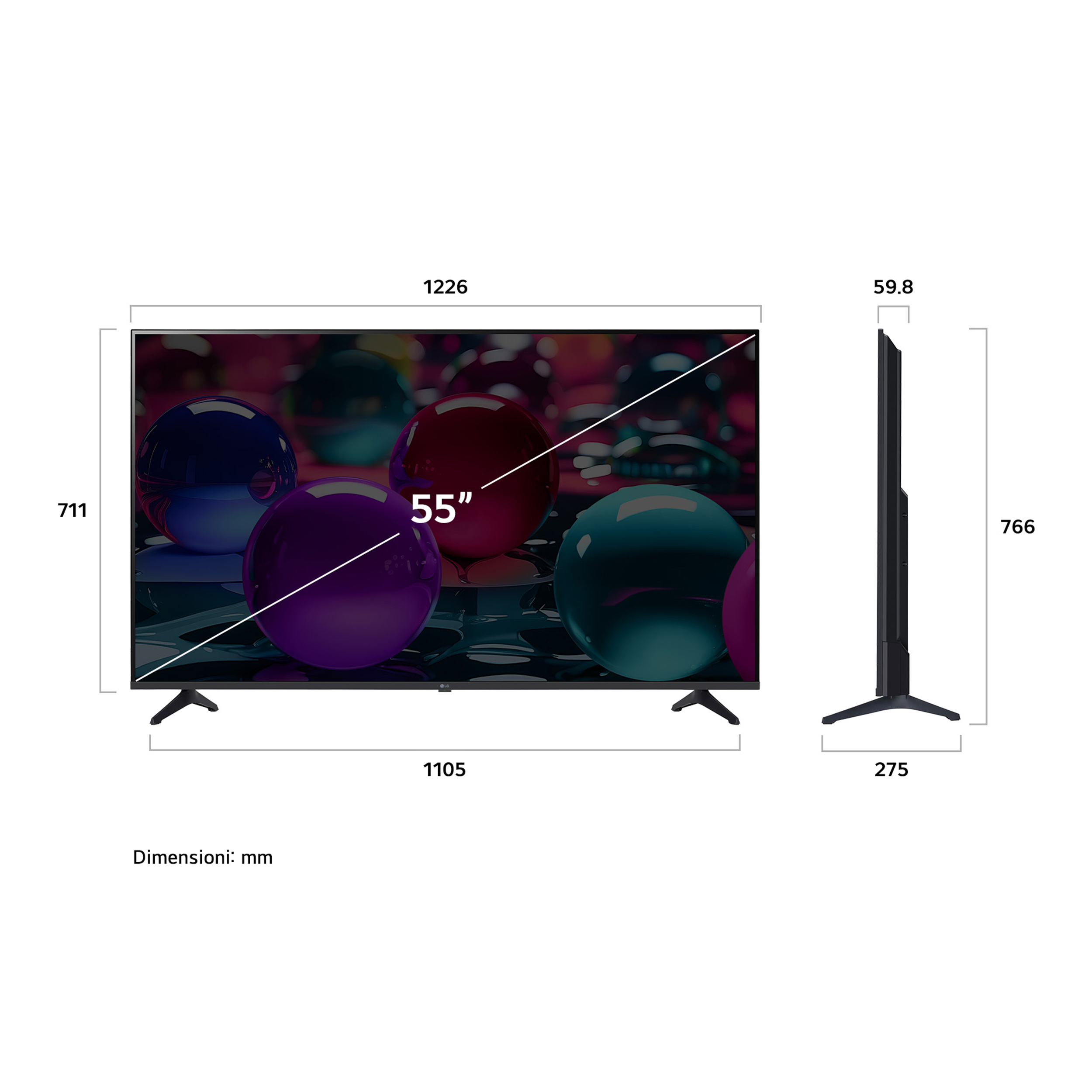 Un televisore da 55 pollici con dimensioni. Lo schermo mostra globi colorati. Misure: 1226x711x59,8mm, 766mm di altezza con gambe.