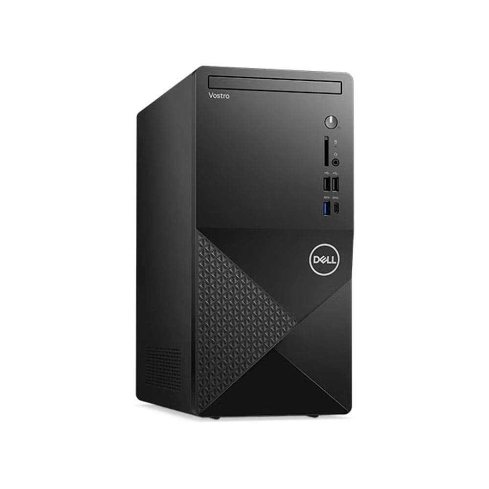 Siyah bir Dell Vostro masaüstü bilgisayar. Dell logosu var. Ön tarafında geometrik bir tasarım ve bağlantı noktaları var.