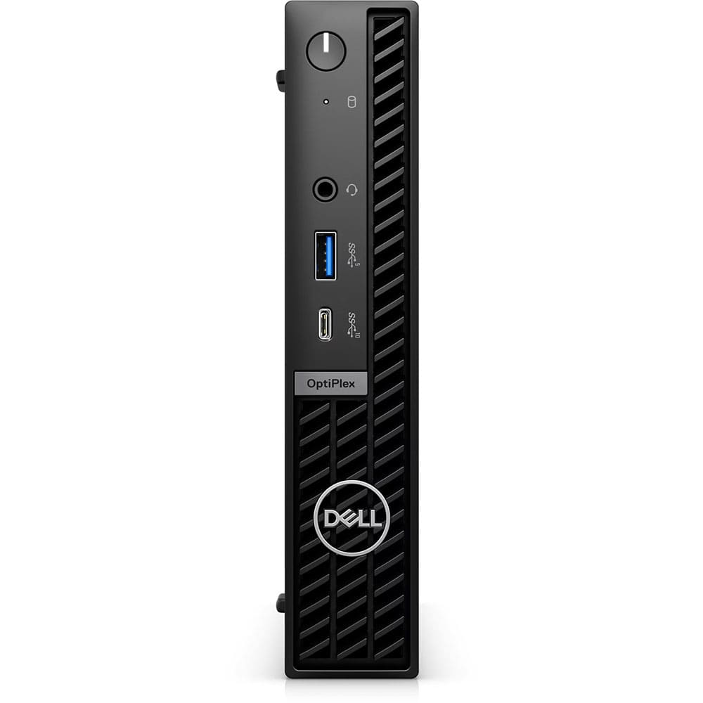Siyah bir Dell OptiPlex bilgisayar. Bağlantı noktaları, güç düğmesi ve Dell logosu var.