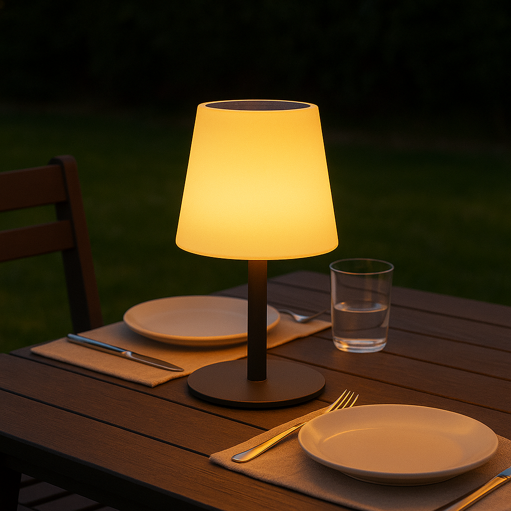 Eine beleuchtete Lampe auf einem Tisch, der für das Abendessen gedeckt ist. Teller, Gläser und Besteck sind sichtbar. Der Hintergrund ist grünes Gras und dunkler Himmel.