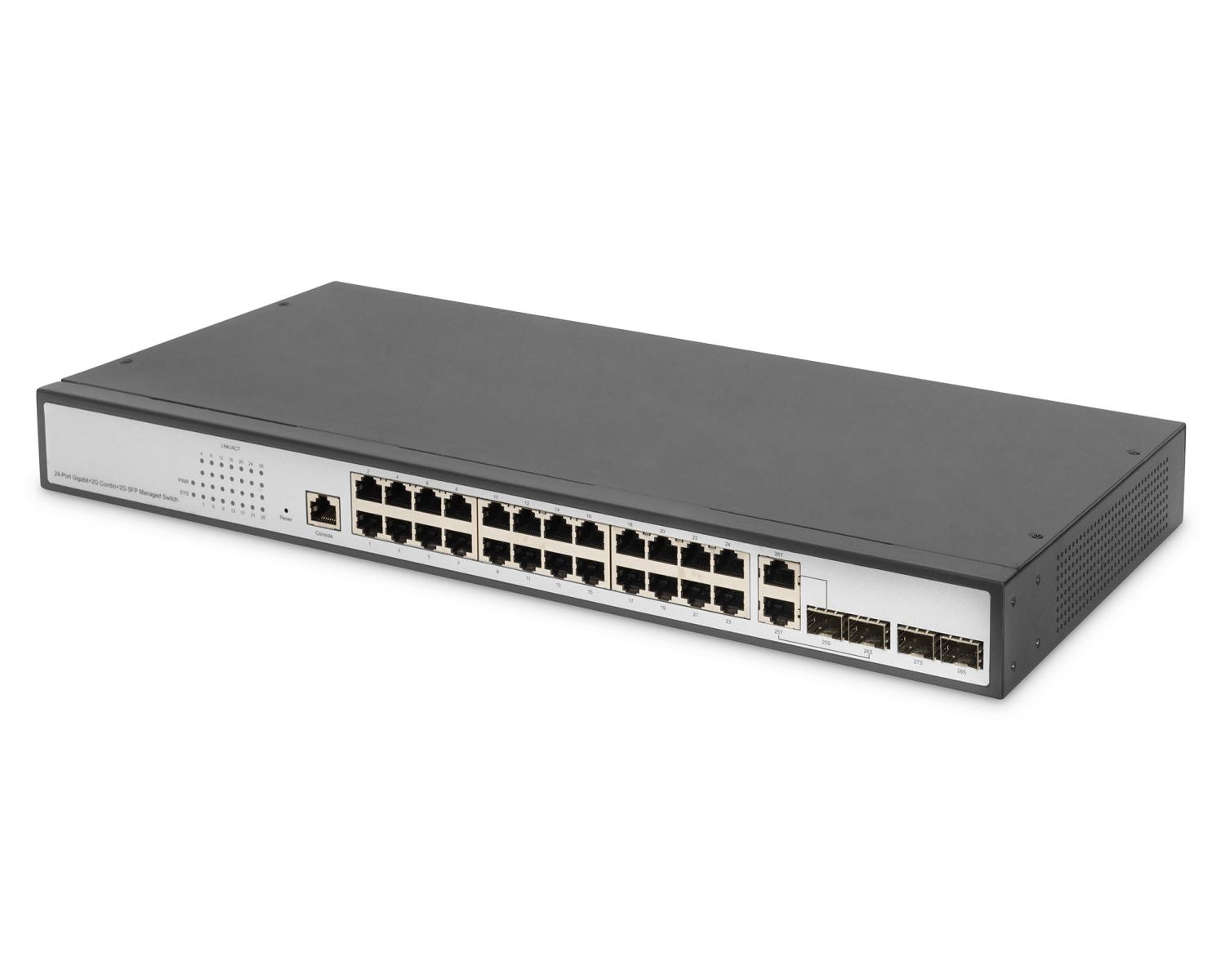 Uno switch di rete nero con più porte su sfondo bianco. Il testo indica uno switch Gigabit a 24 porte.