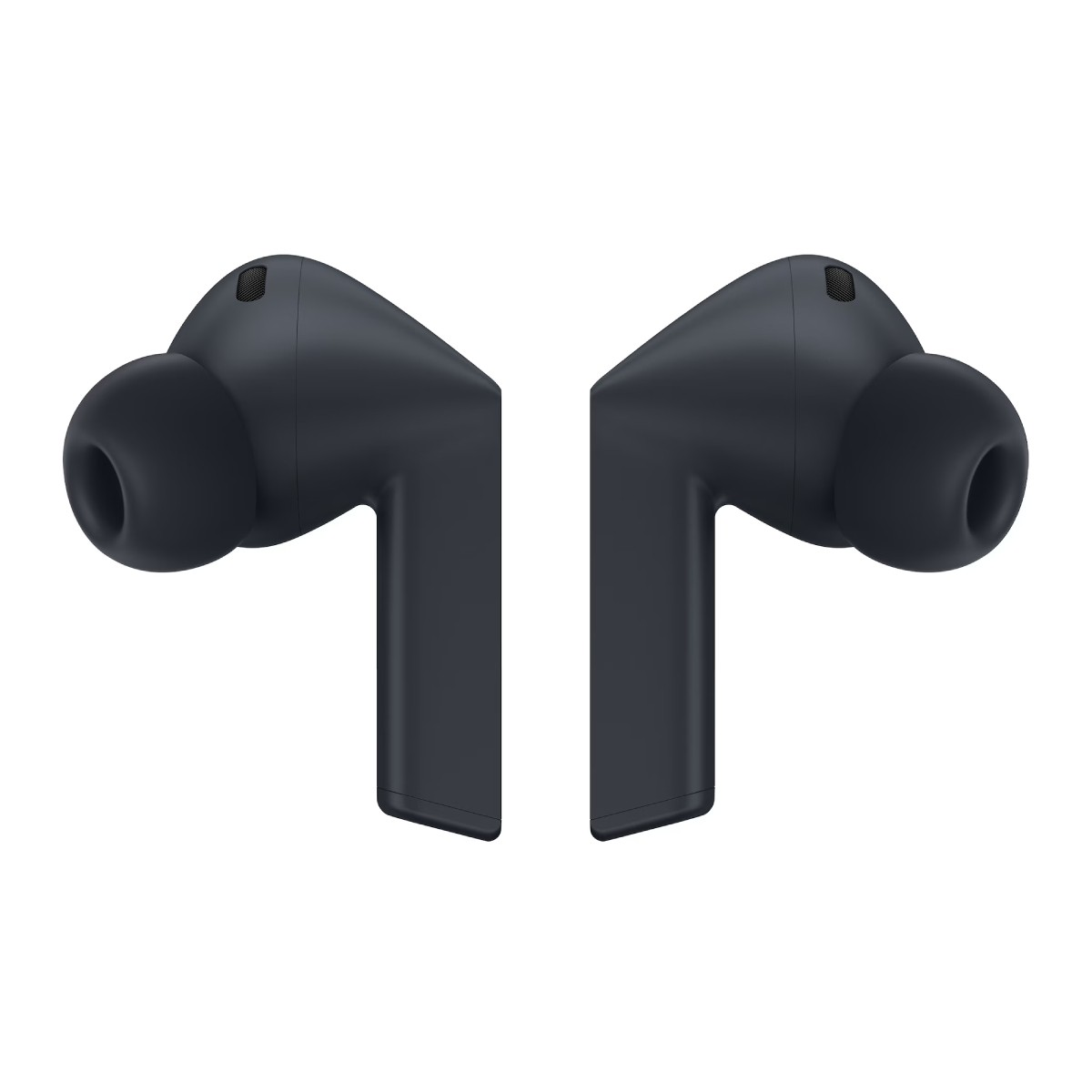 Wyświetlane są dwie ciemnoszare bezprzewodowe słuchawki. Każda słuchawka ma zaokrągloną końcówkę douszną i prostokątną nóżkę na białym tle.