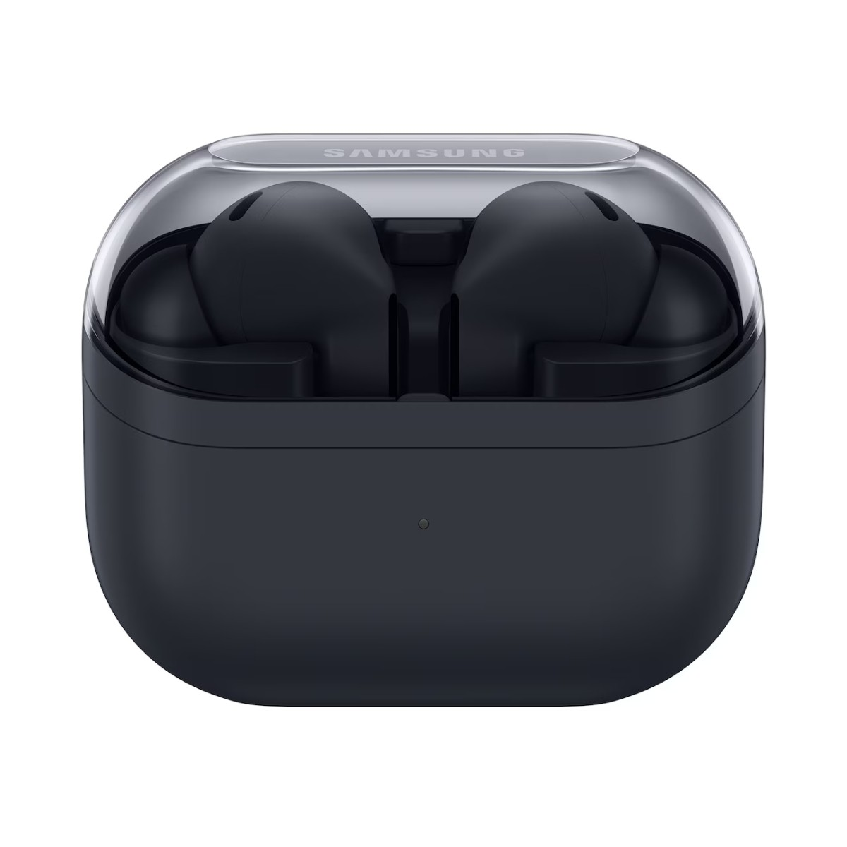 Ciemnoniebieskie etui na słuchawki Samsung z przezroczystą pokrywą. W środku dwa czarne słuchawki. Słowo SAMSUNG jest na pokrywie.