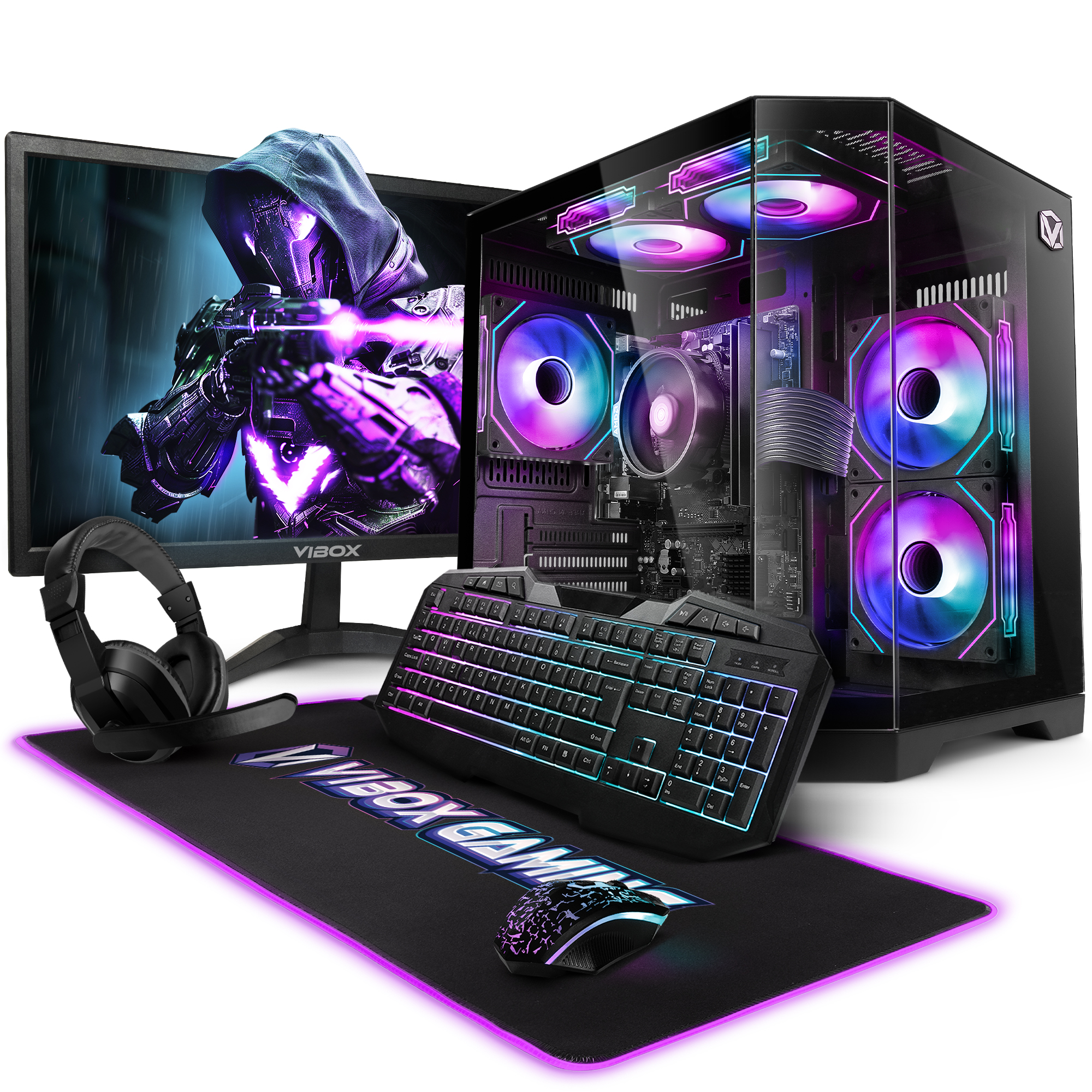 Una configuración de PC para juegos con un monitor que muestra un soldado futurista, teclado, ratón, auriculares y alfombrilla con iluminación RGB.