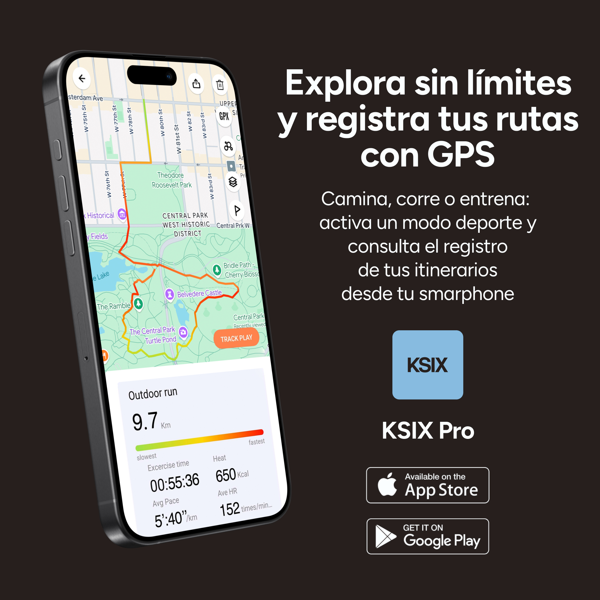Telefon wyświetla mapę z trasą biegową. Tekst mówi 'Odkrywaj bez ograniczeń' i 'KSIX Pro'. Wyświetlane są logo App Store i Google Play.