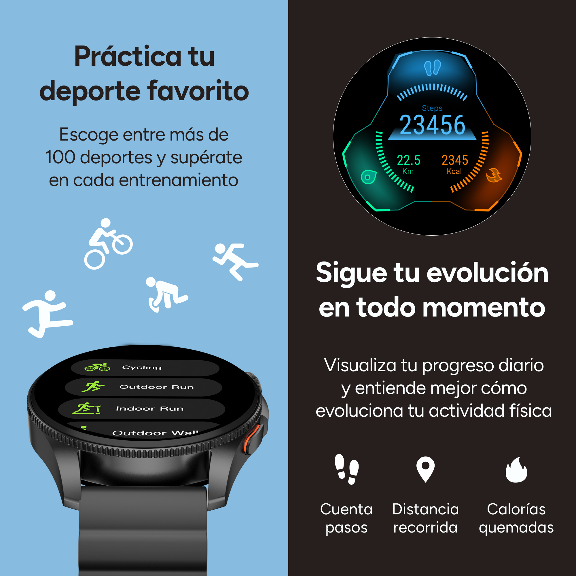 Zegarek fitness pokazuje kroki, dystans i spalone kalorie. Hiszpański tekst promuje sport i śledzenie aktywności.
