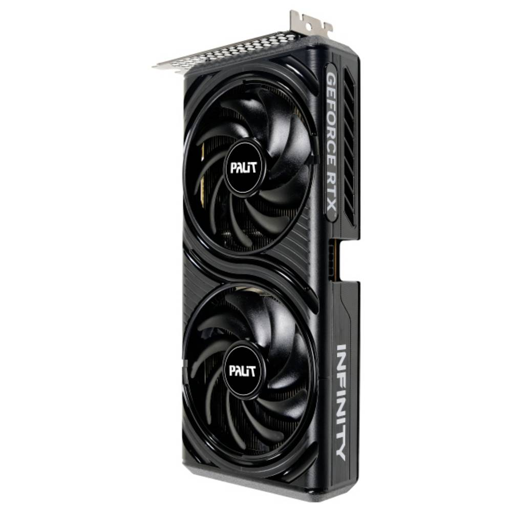 Czarna karta graficzna Palit GeForce RTX Infinity. Ma dwa wentylatory, metalowy wspornik i tekst wskazujący na model.