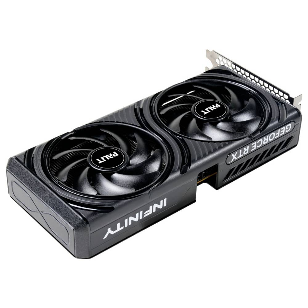 Czarna karta graficzna Palit GeForce RTX z dwoma wentylatorami. Widoczne 'INFINITY' i 'PALIT'. Izolowana na białym tle.