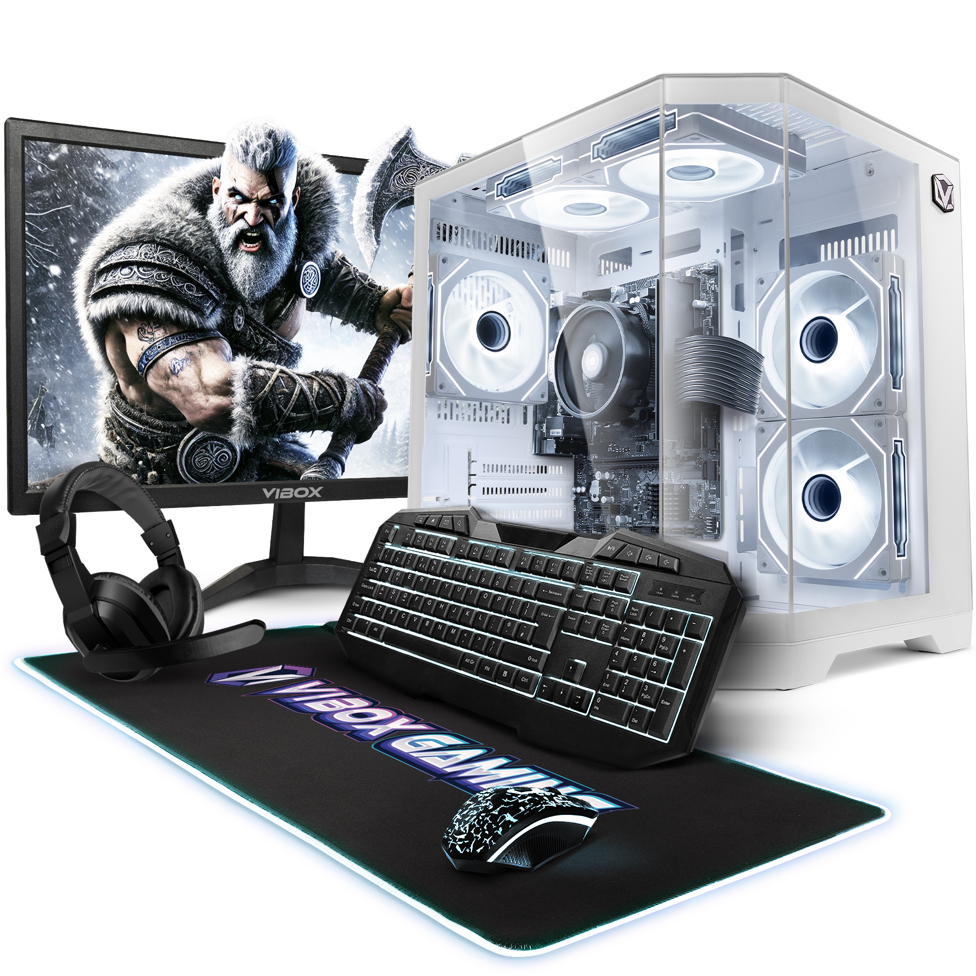 Gaming-PC-Setup mit Monitor, der einen Wikinger zeigt, Tastatur, Maus, Headset und weißem PC-Gehäuse.